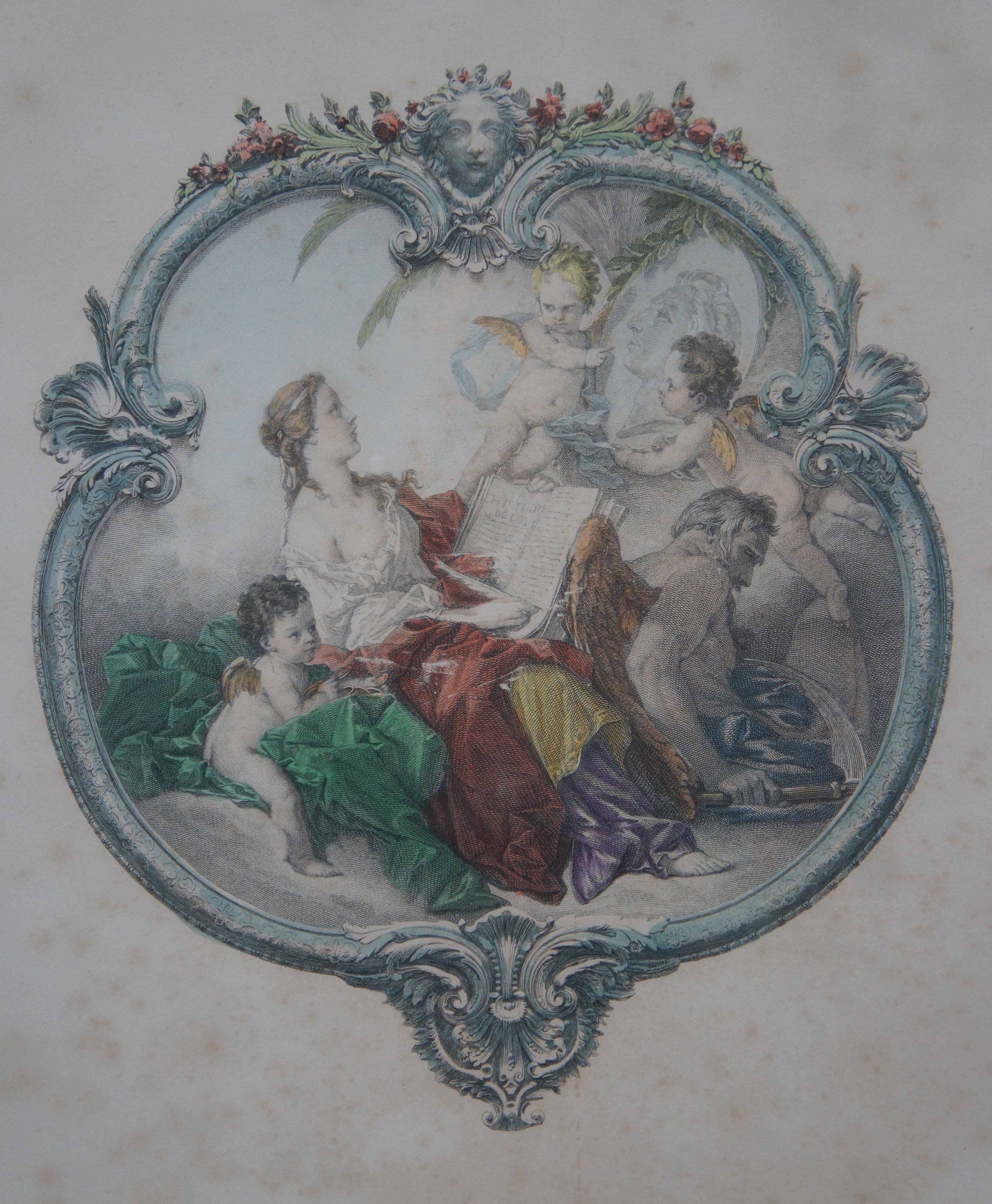 20th Century 2 Francois Boucher Antique Baroque Mezzotint Poetry Engravings Mother Cherubs For Sale