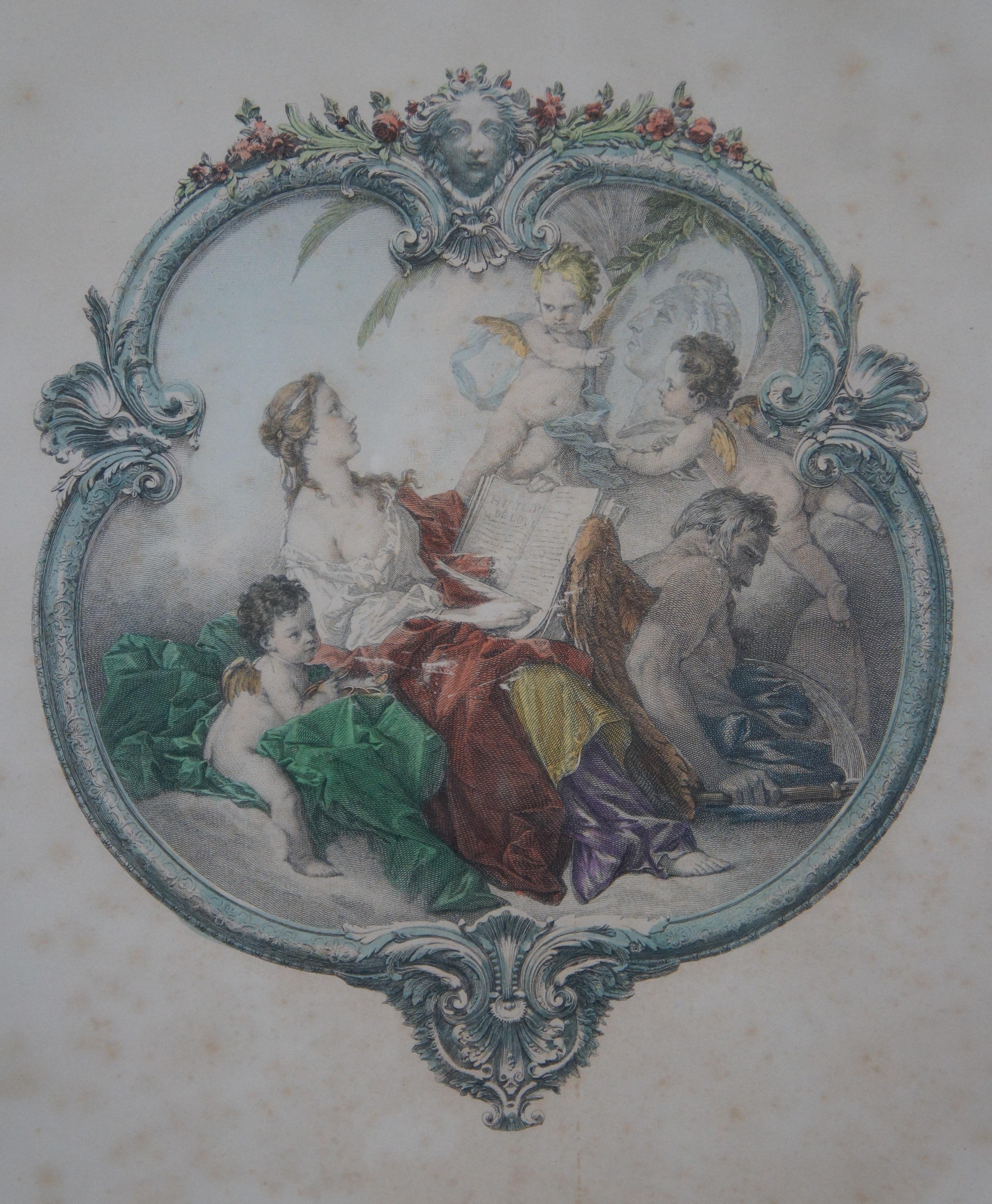 20th Century 2 Francois Boucher Antique Baroque Mezzotint Poetry Engravings Mother Cherubs