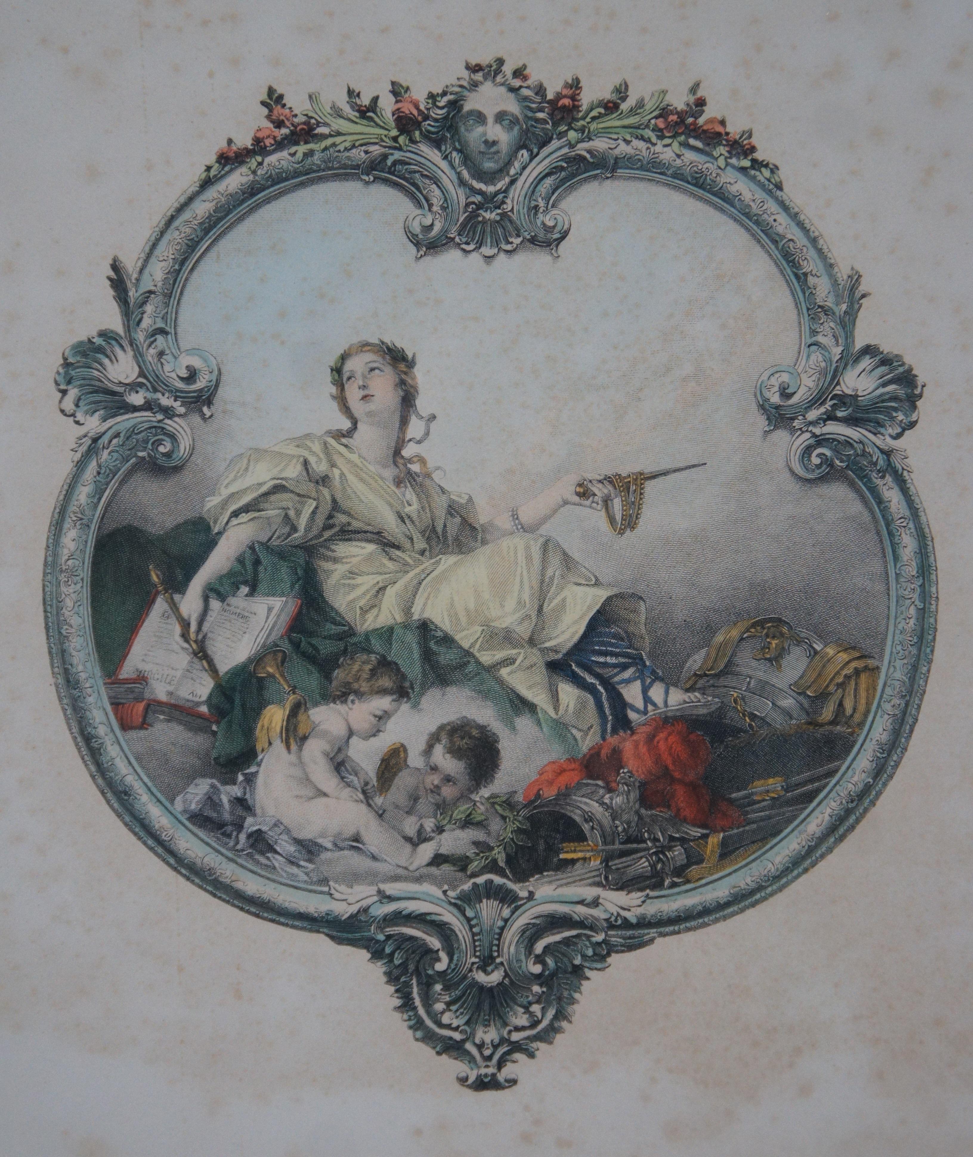 2 Francois Boucher Antike Barock-Mezzotinto-Poesie-Stiche, Mother Cherubs, Gravuren (Papier) im Angebot