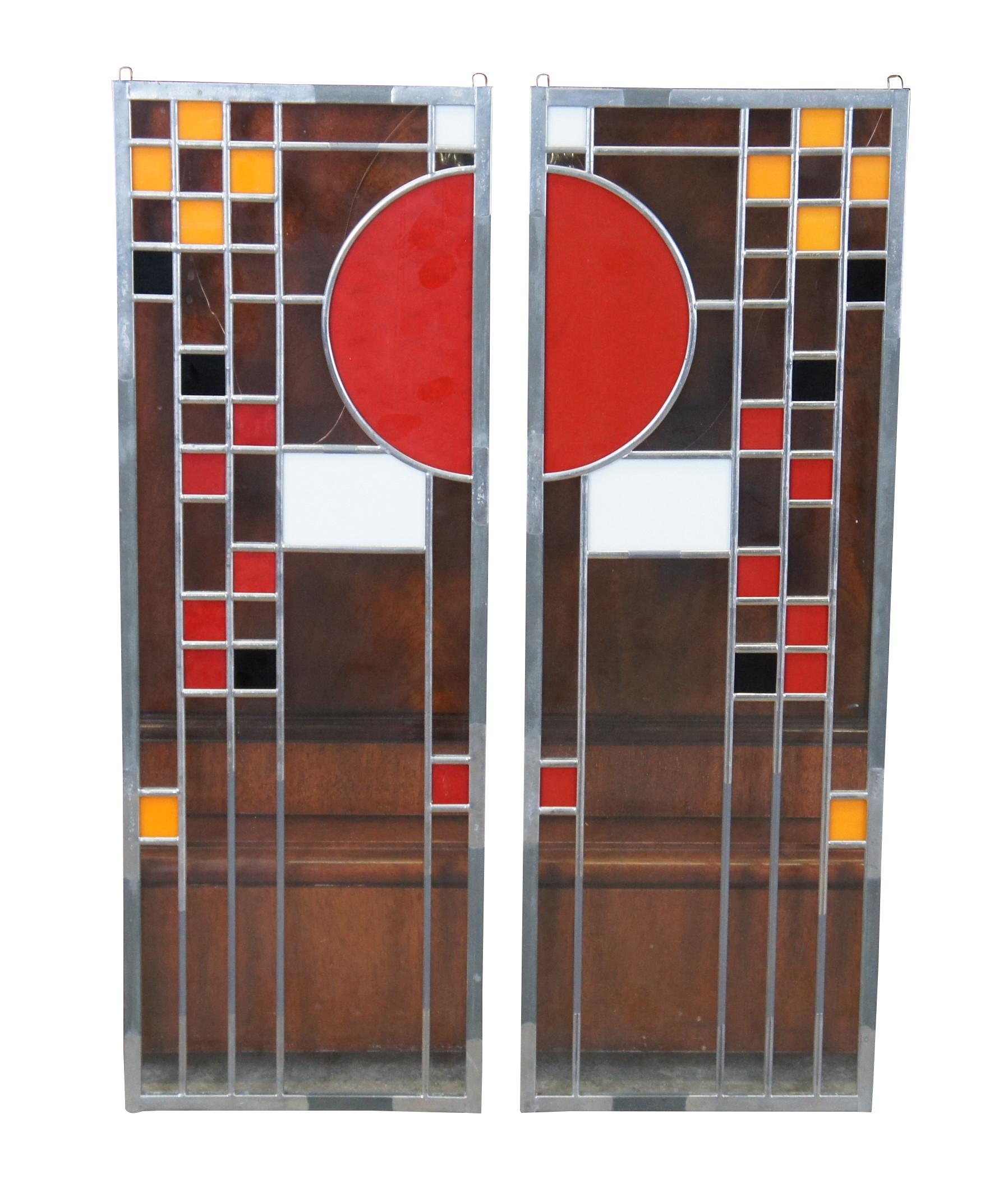 2 Frank Lloyd Wright Coonley Playhouse Arts and Craft Mission Stained Glass Panels For Sale at
