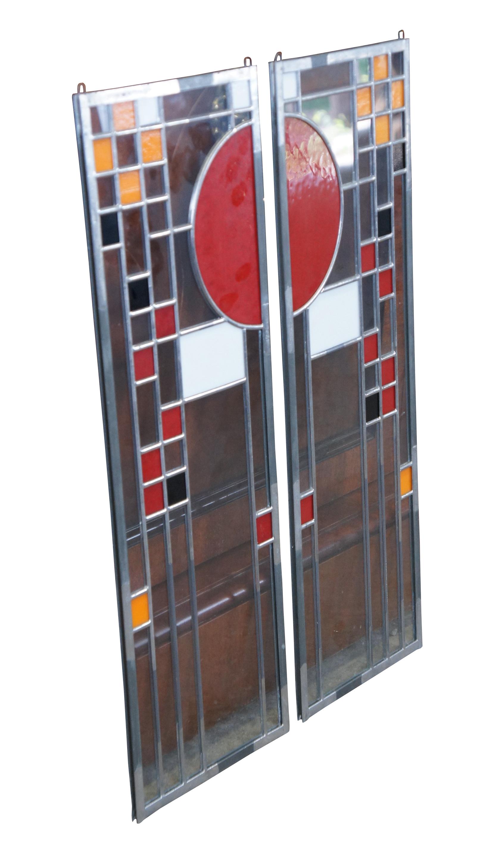 2 Frank Lloyd Wright Coonley Playhouse Arts and Craft Mission Stained Glass Panels For Sale at
