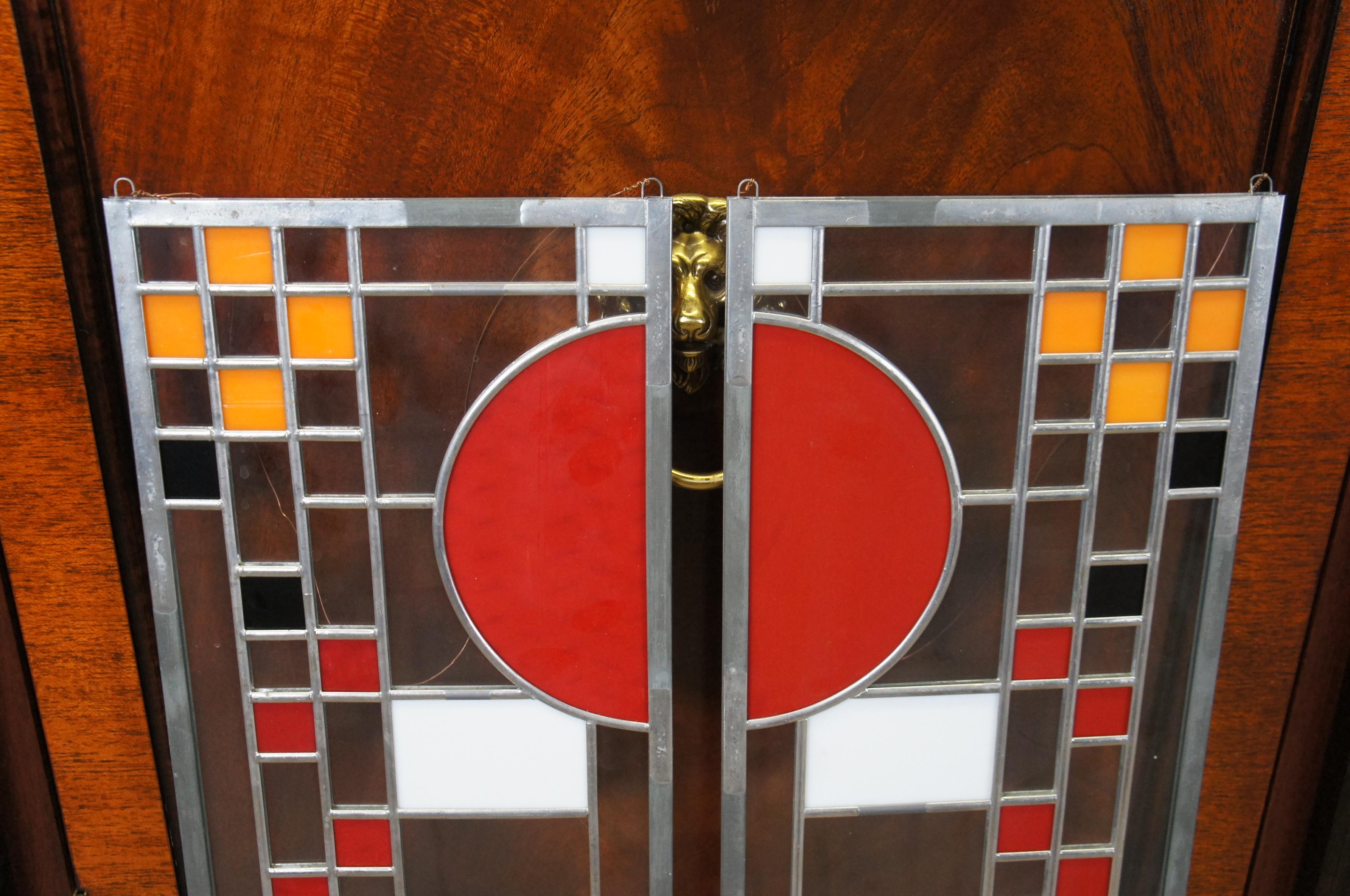 2 Frank Lloyd Wright Coonley Playhouse Arts and Craft Mission Stained Glass Panels For Sale at