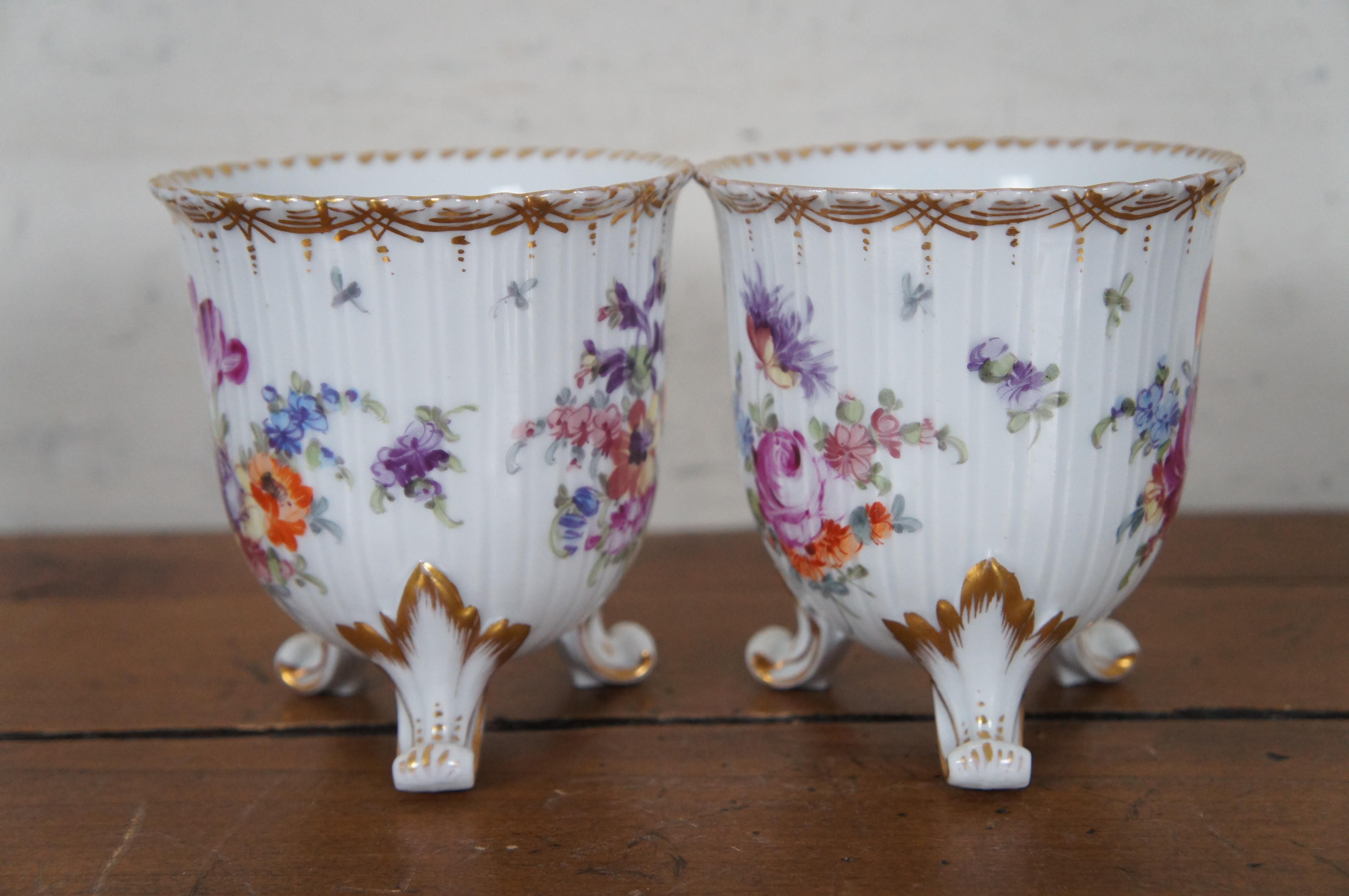 20th Century 2 Franziska Hirsch Dresden Porcelain Polychrome Floral Vase Cachepots Pair 4