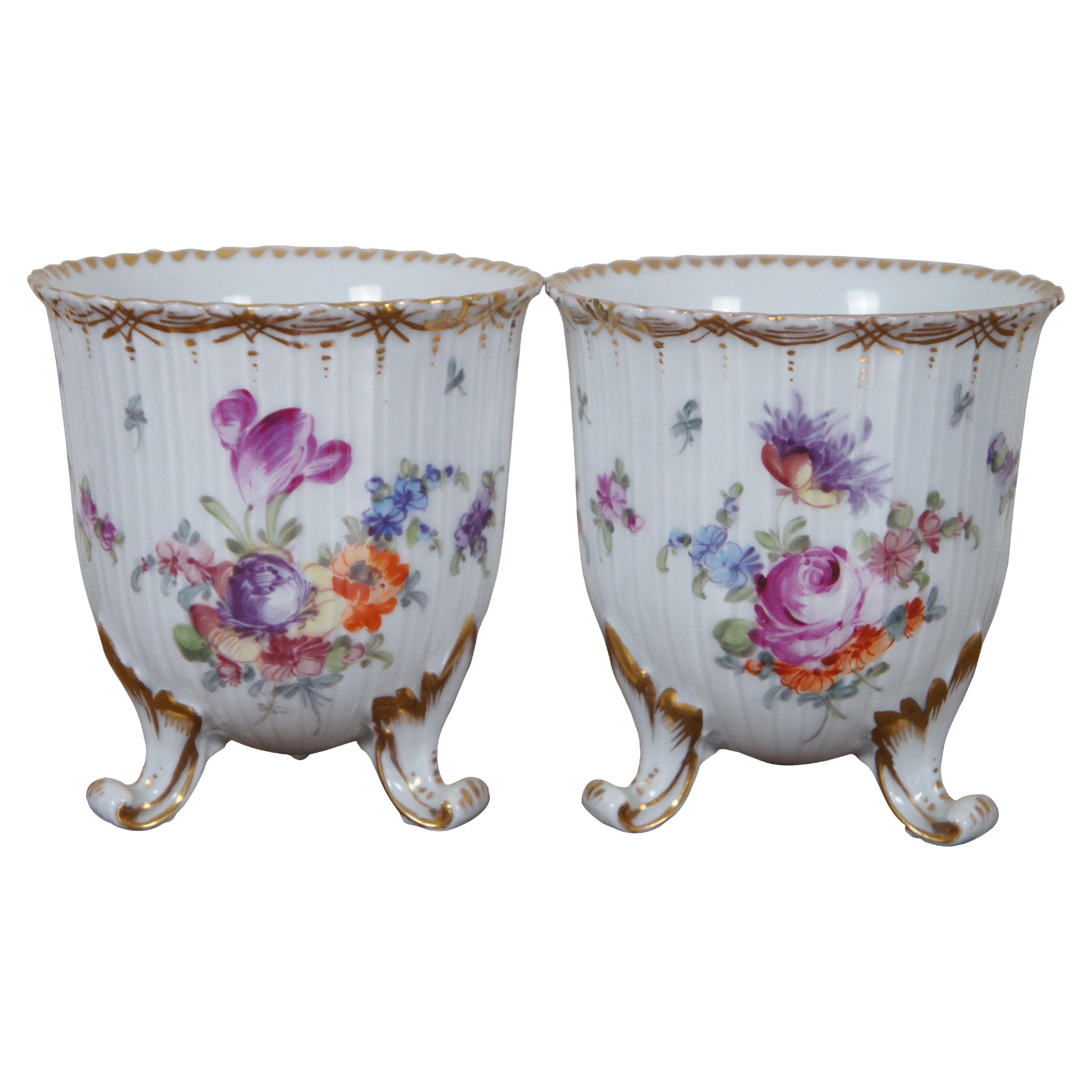 2 Franziska Hirsch Dresden Porcelain Polychrome Floral Vase Cachepots Pair 4" For Sale