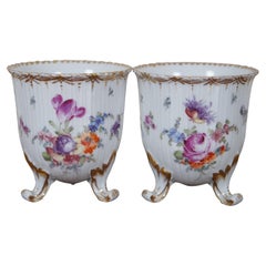 Vintage 2 Franziska Hirsch Dresden Porcelain Polychrome Floral Vase Cachepots Pair 4"