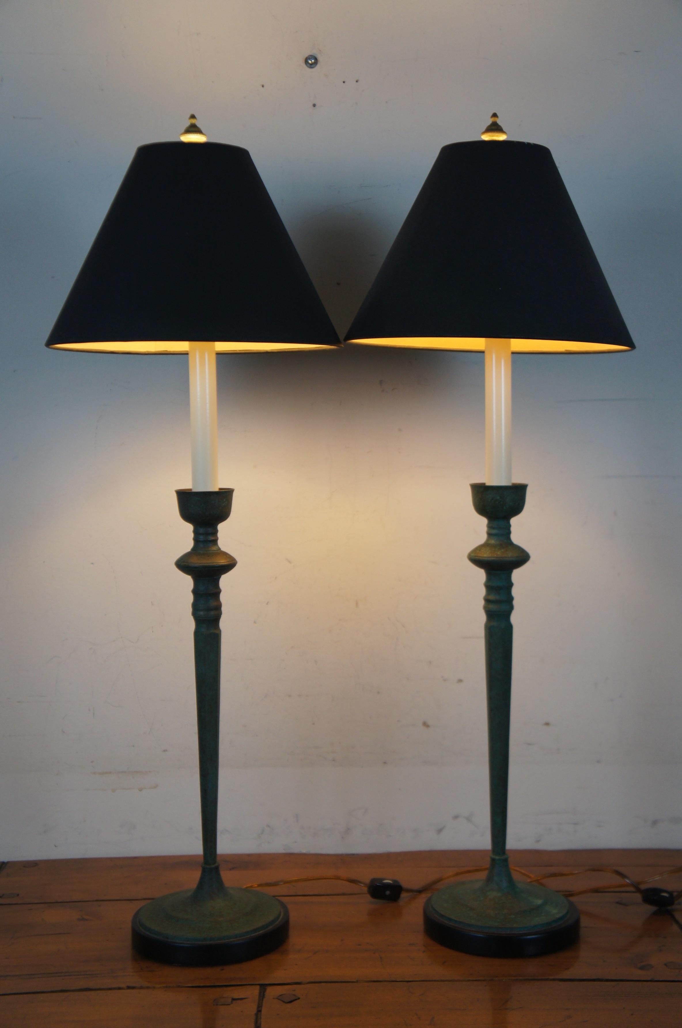2 Frederick Cooper Candlestick Banquet Buffet Table Lamps Green Patina In Good Condition In Dayton, OH
