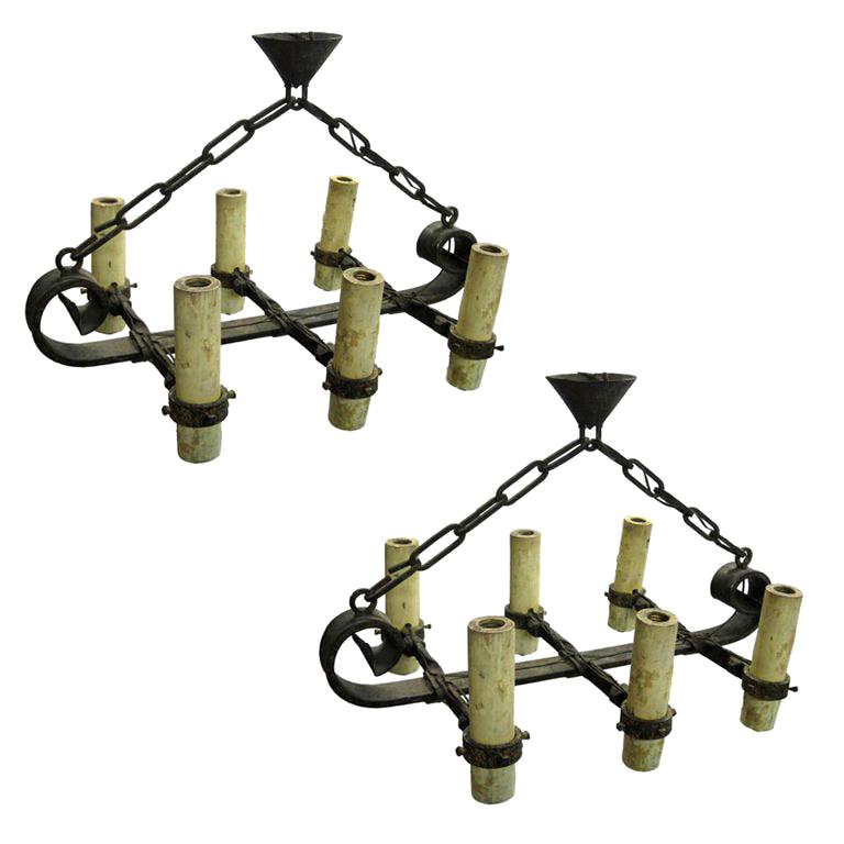 2 French 1940 Brutalist Wrought Iron Chandeliers or Pendants in Poillerat Style For Sale