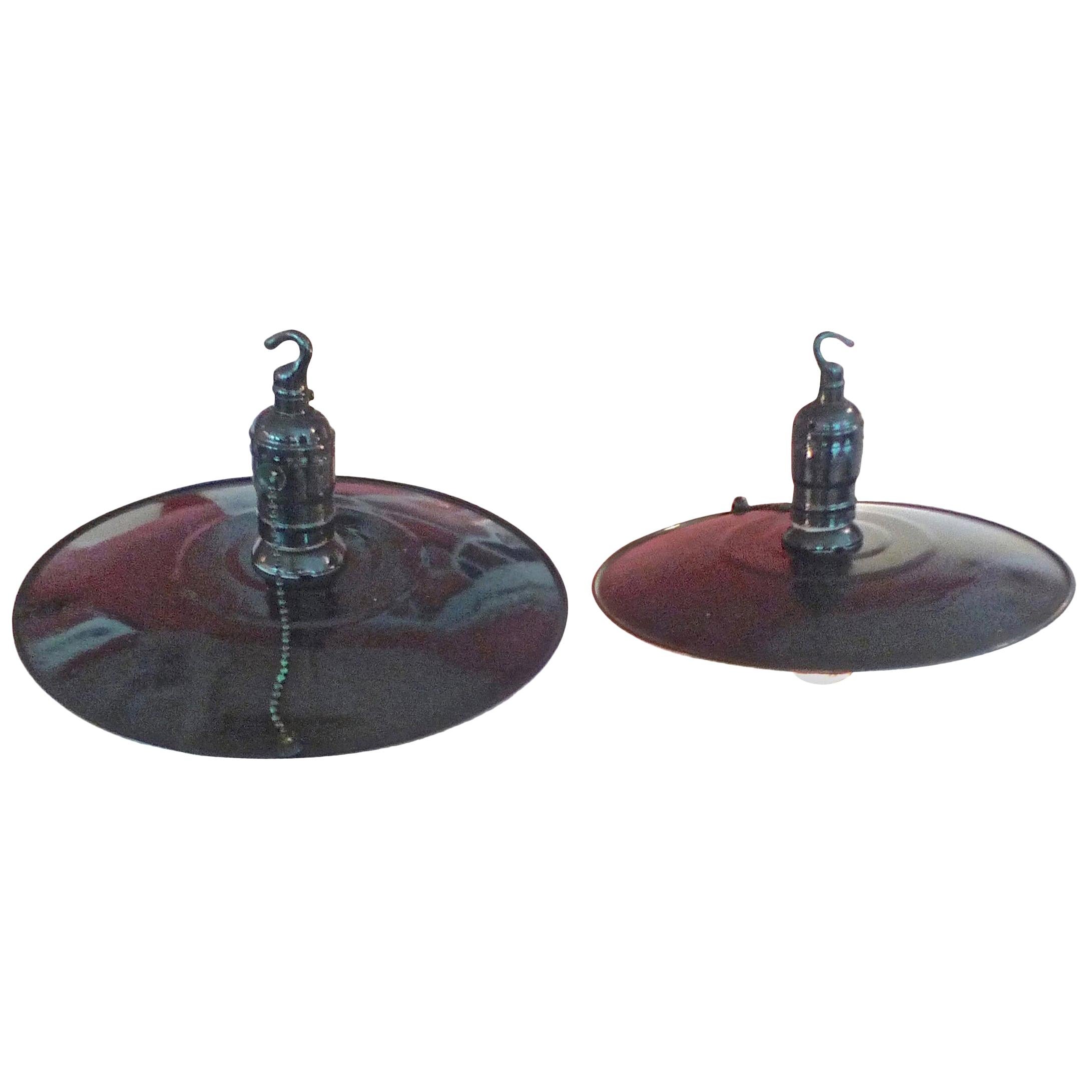 2 French 1950s Hand Painted Enamel Industrial Pendant Lights with 1 Single Light