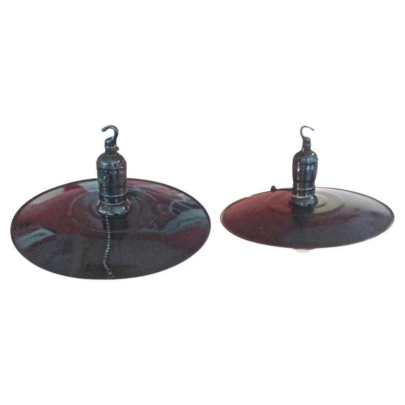 2 French 1950s Hand Painted Enamel Industrial Pendant Lights with 1 Single Light For Sale