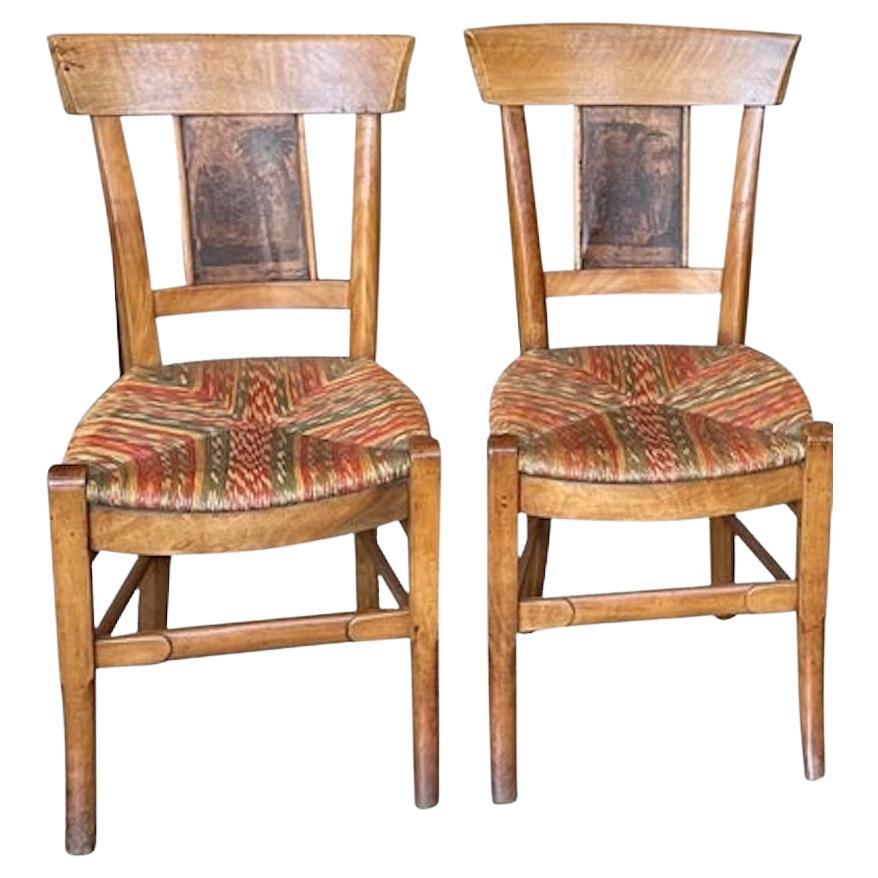 2 French 19th Century Fruitwood Les Incas Side Chairs with Original Rush Seats For Sale