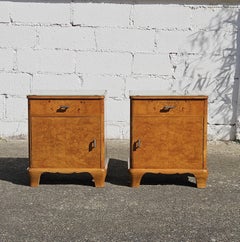2 French Antique Art-Deco Nightstands - Burled Wood&Glass Bedside Table 30s