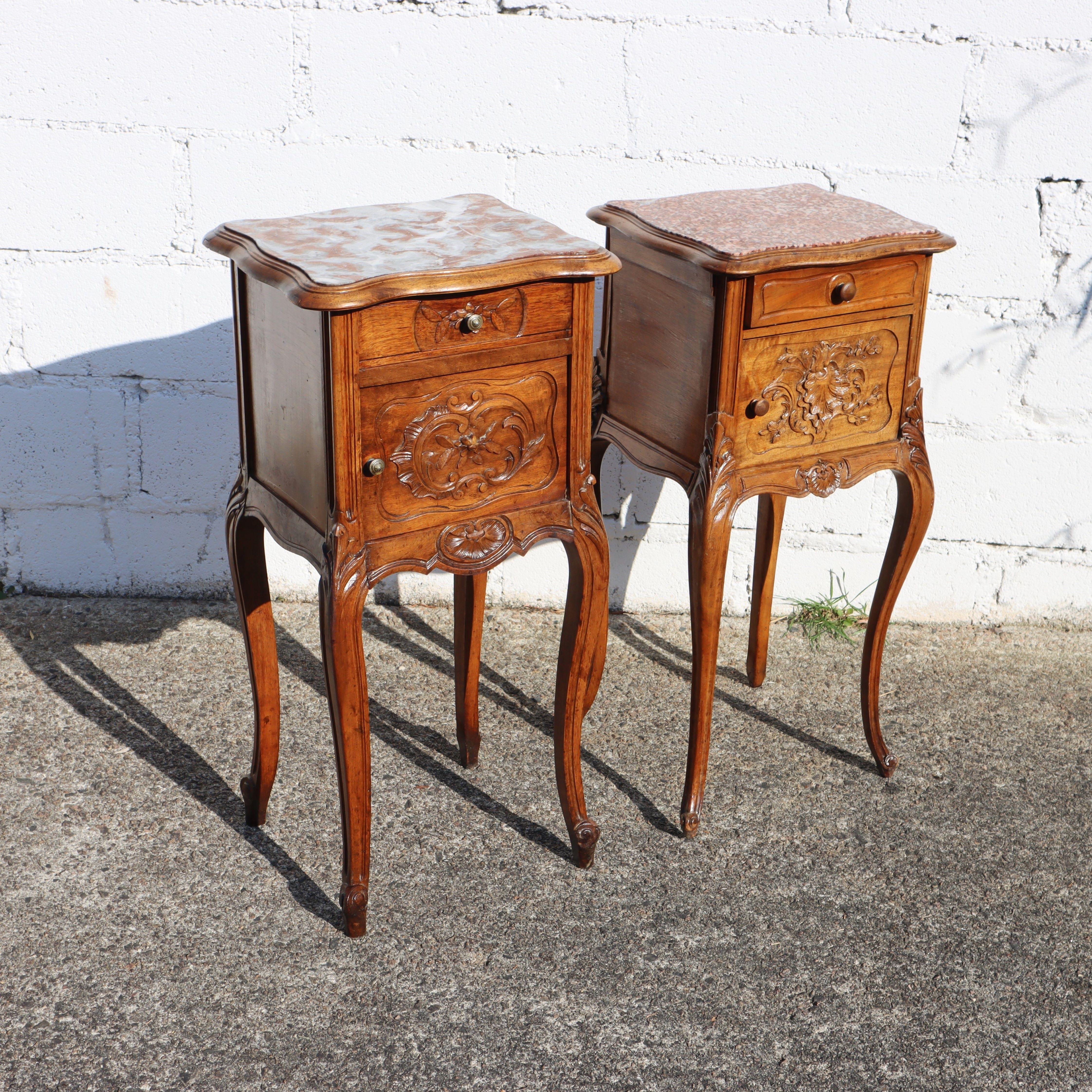 Hand-Carved 2 French antique Marble-Wood Nightstands - carved Bedside Tables Style Louis XV