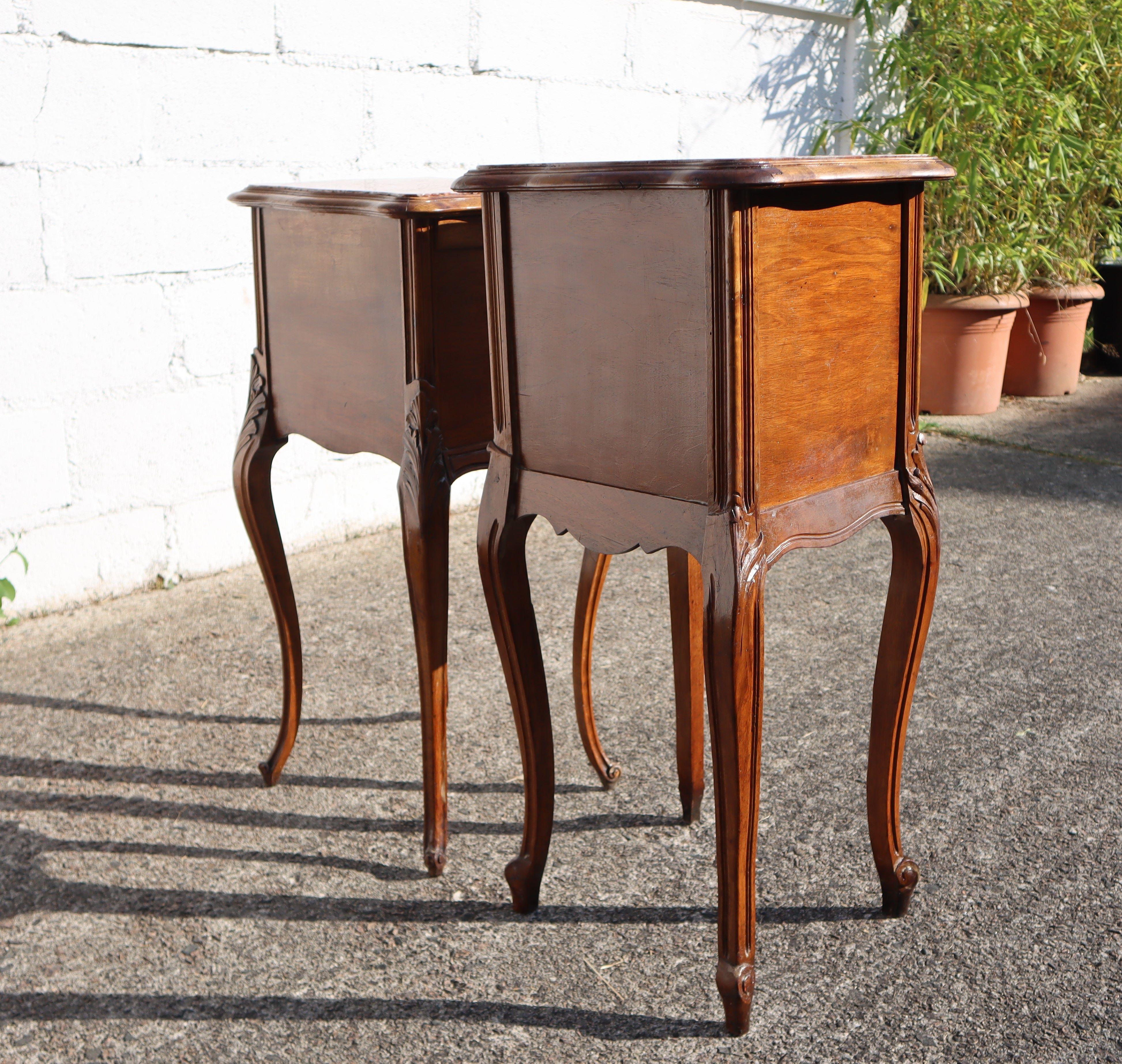 Early 20th Century 2 French antique Marble-Wood Nightstands - carved Bedside Tables Style Louis XV