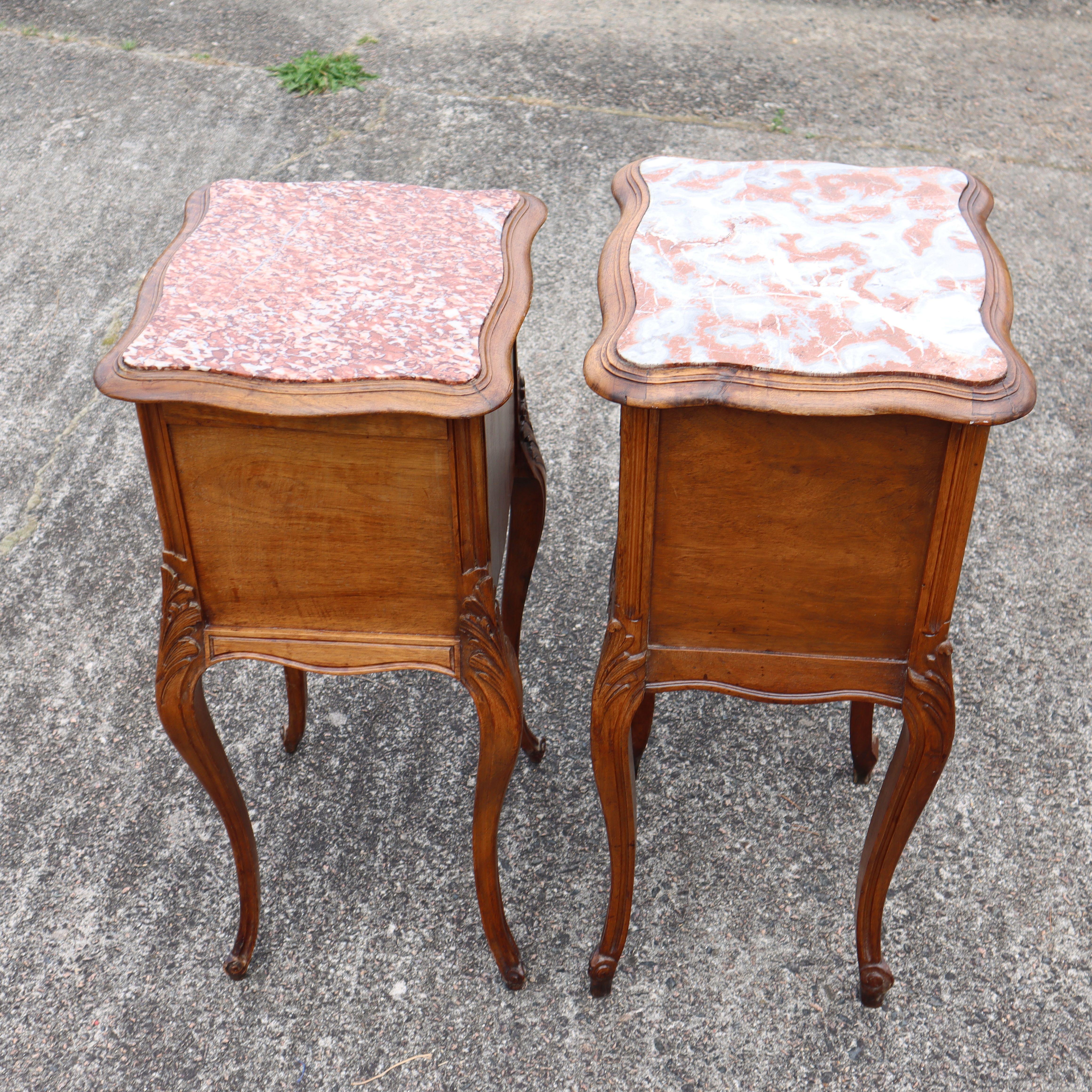 Bronze 2 French antique Marble-Wood Nightstands - carved Bedside Tables Style Louis XV