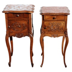 2 French Antique Marble-Wood Nightstands - carved Bedside Tables Style Louis XV