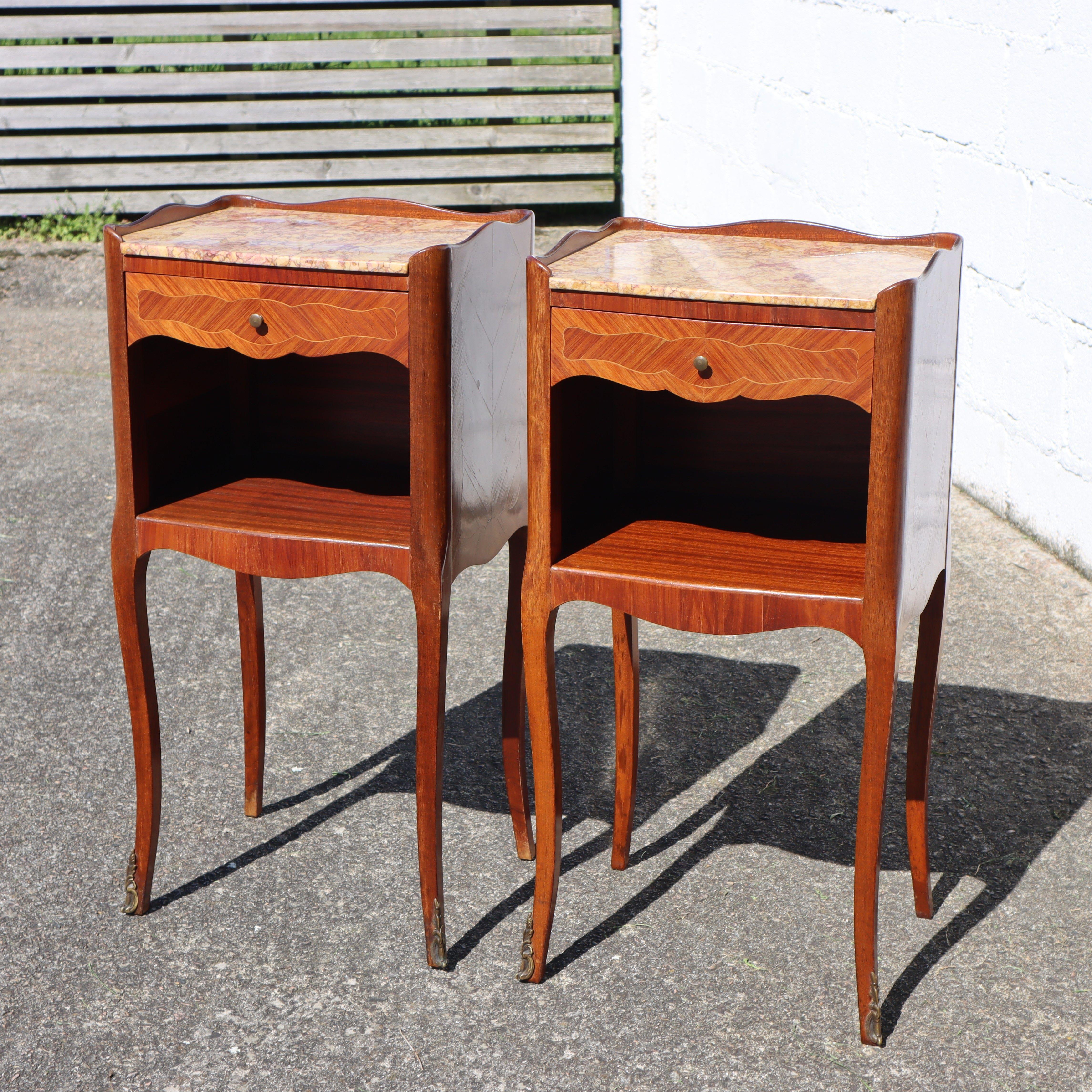 Louis XV 2 French Antique Rosewood Marquetry Nightstands-Pair Marble&Wood Night Tables  For Sale