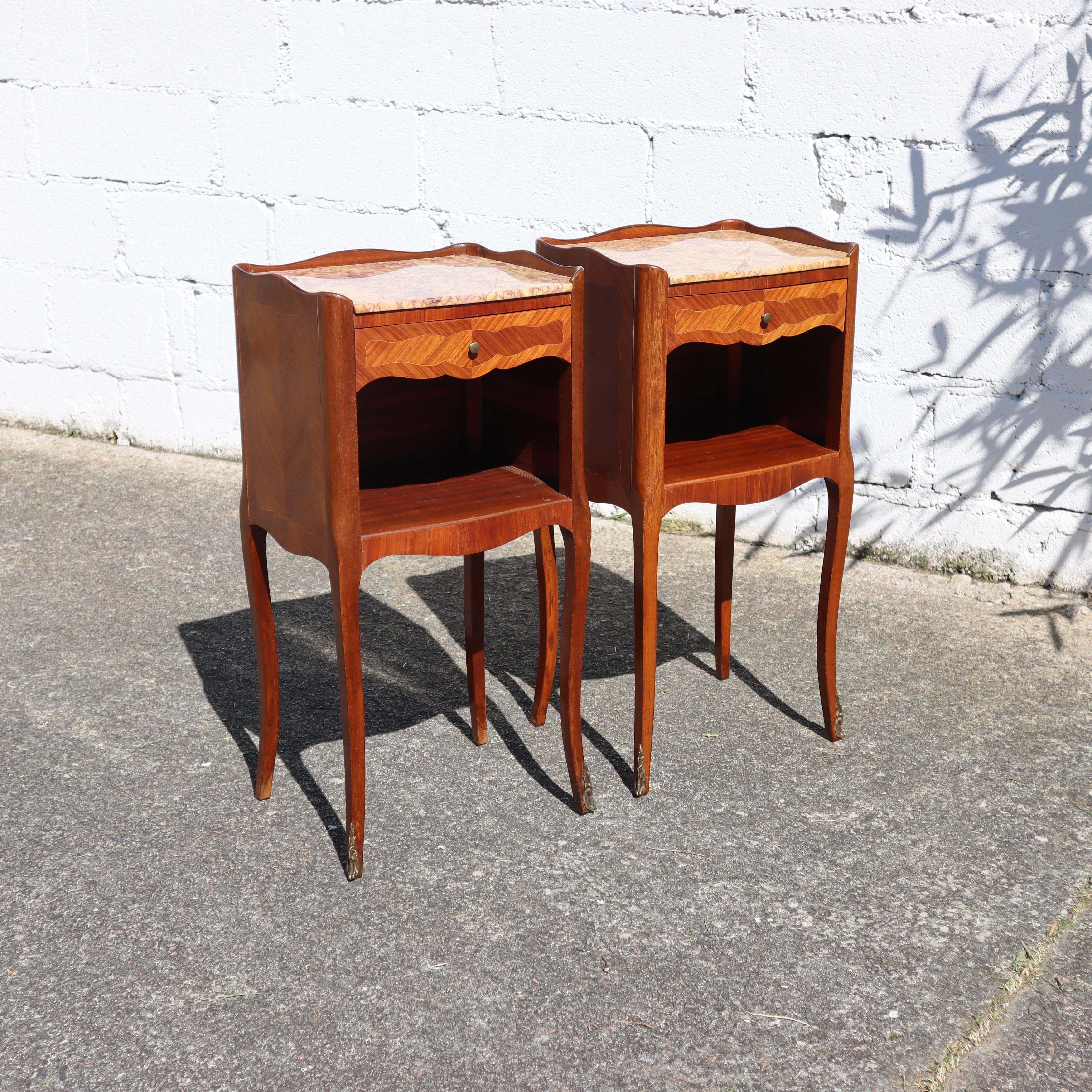 2 French Antique Rosewood Marquetry Nightstands-Pair Marble&Wood Night Tables  In Good Condition For Sale In Bussiere Dunoise, Nouvel Aquitaine