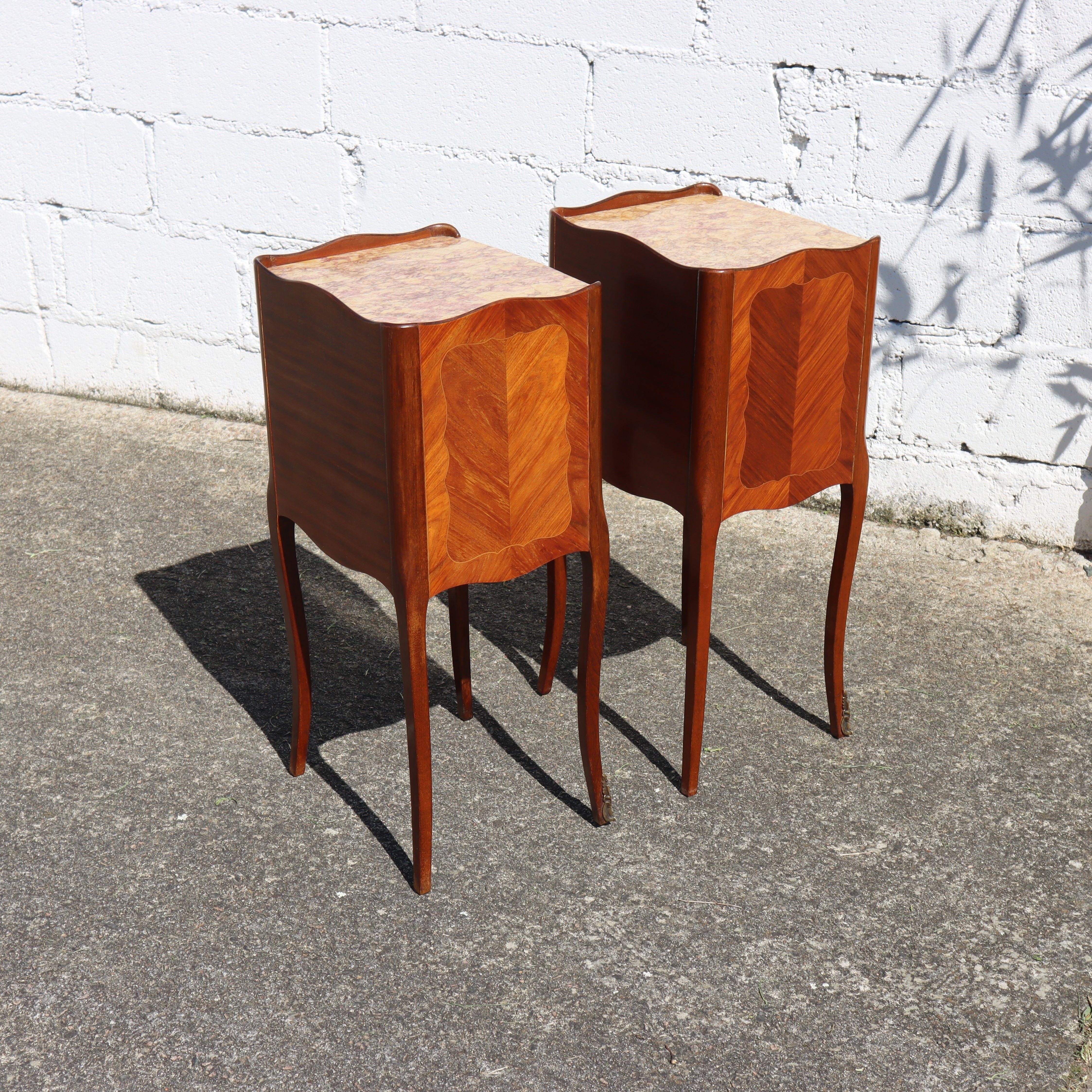 Early 20th Century 2 French Antique Rosewood Marquetry Nightstands-Pair Marble&Wood Night Tables  For Sale