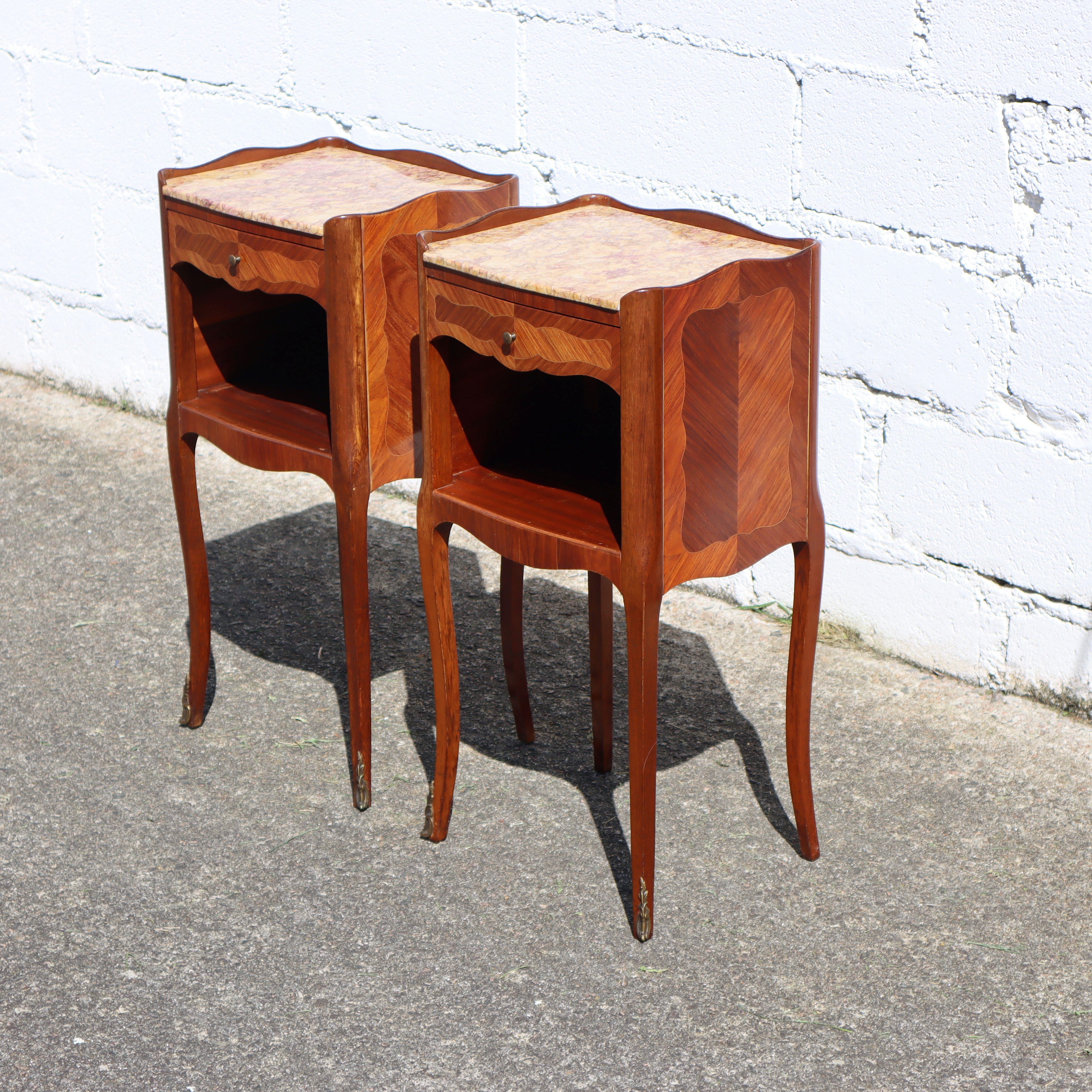 Brass 2 French Antique Rosewood Marquetry Nightstands-Pair Marble&Wood Night Tables  For Sale