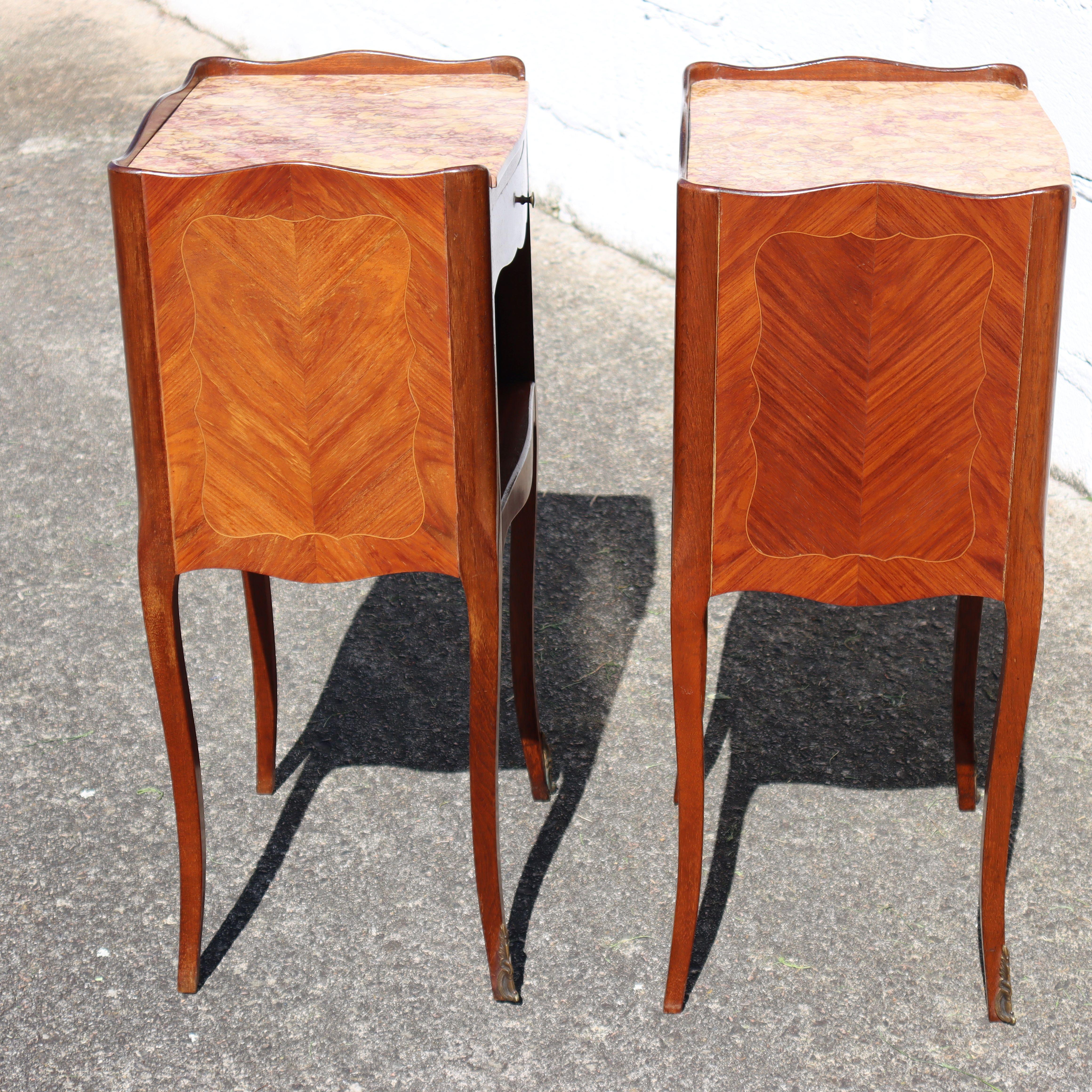 2 French Antique Rosewood Marquetry Nightstands-Pair Marble&Wood Night Tables  For Sale 1