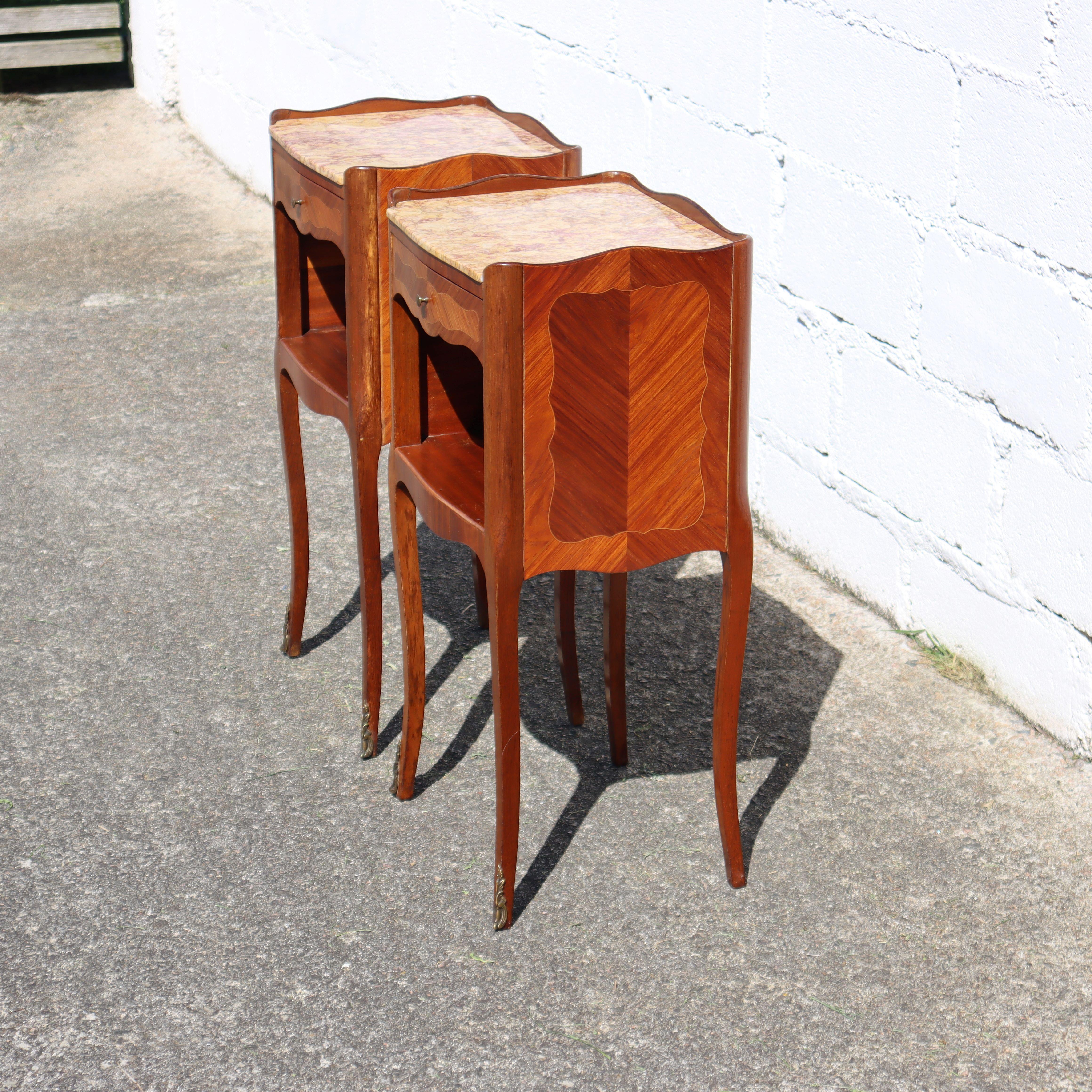 2 French Antique Rosewood Marquetry Nightstands-Pair Marble&Wood Night Tables  For Sale 2