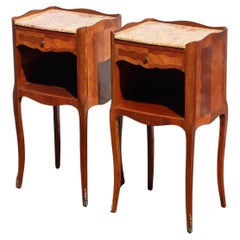 2 French Antique Rosewood Marquetry Nightstands-Pair Marble&Wood Night Tables 