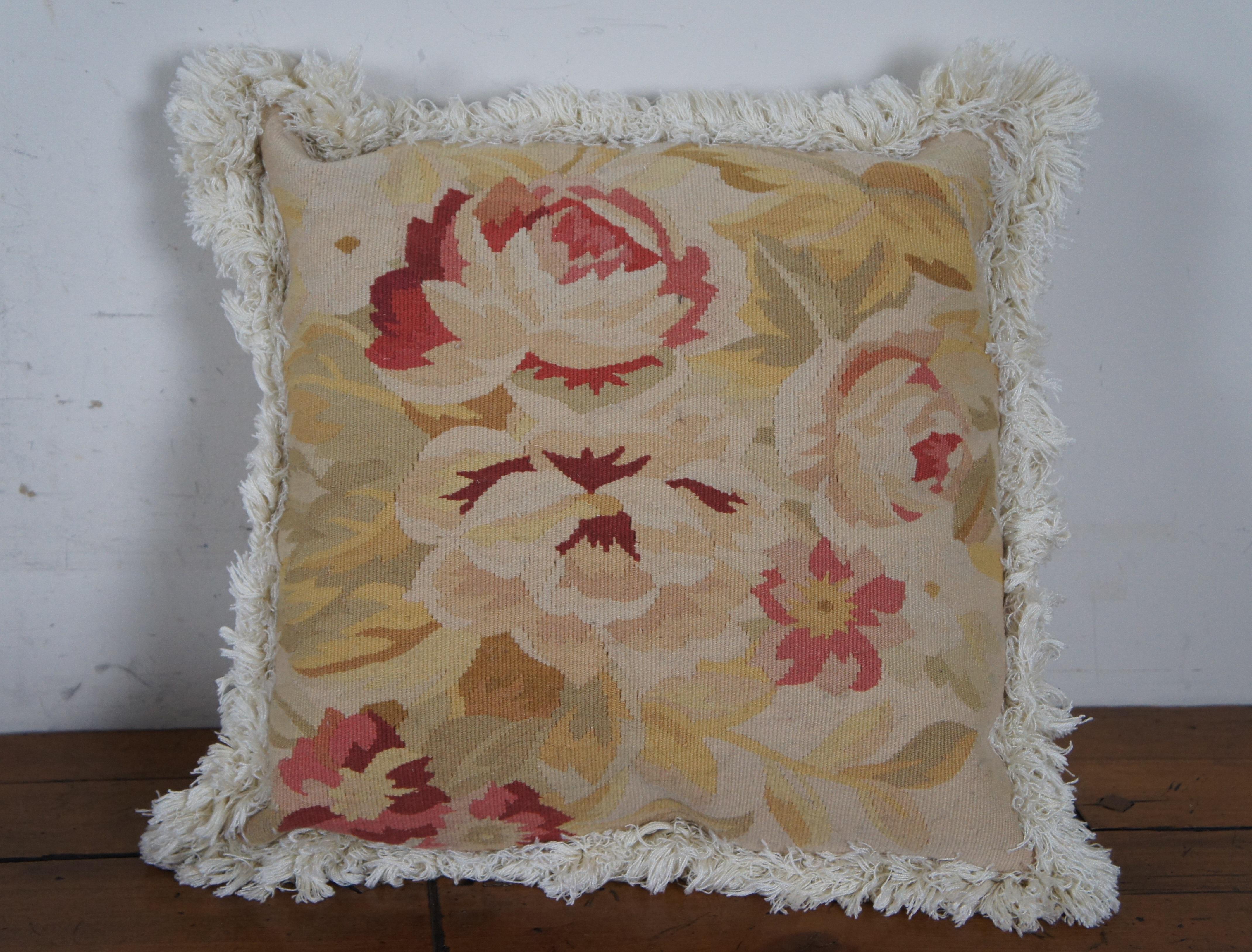 Fabric 2 French Aubusson Floral Roses Throw Pillows Fringe Fiber Fill Pair