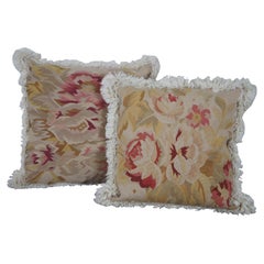 2 French Aubusson Floral Roses Throw Pillows Fringe Fiber Fill Pair