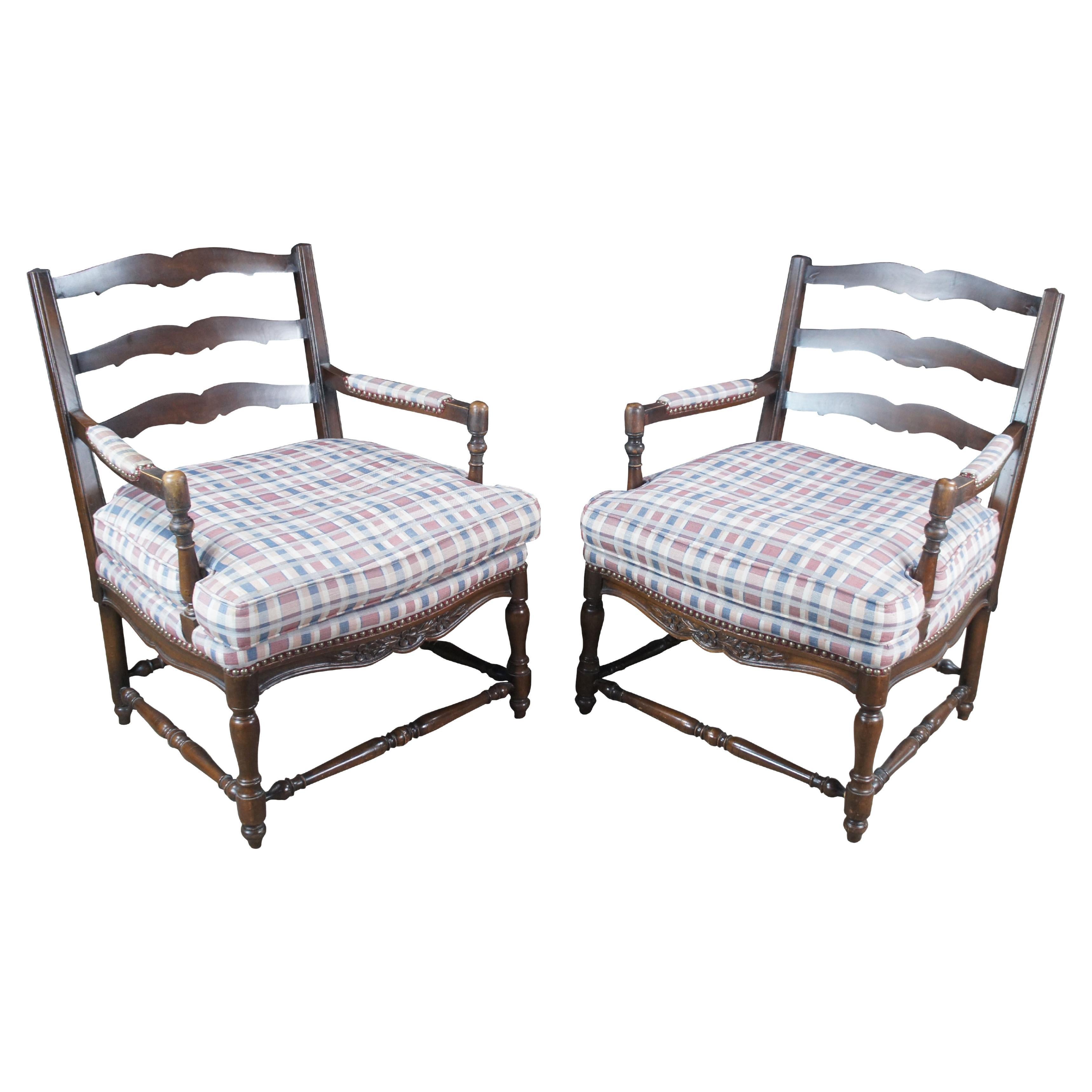 2 French Country Oak Plaid Fauteuil Nailhead Ladderback Club Lounge Armchairs