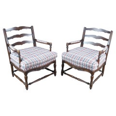 2 French Country Oak Plaid Fauteuil Nailhead Ladderback Club Lounge Armchairs 2 French Country Oak Plaid Fauteuil Nailhead Ladderback Club Lounge Armchairs