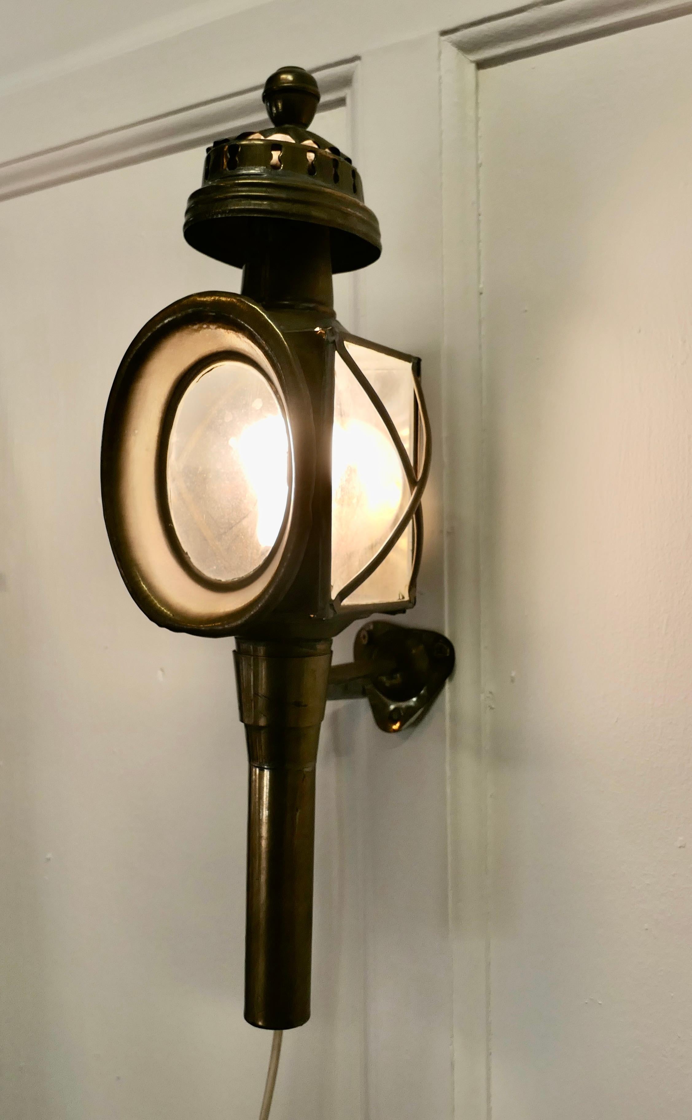 19th Century 2 French Electrified Brass Carriage Lights, Wall Lanterns   