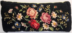 Two French Embroidered Throw Pillows in Floral Design with Velvet Backing, 1950s