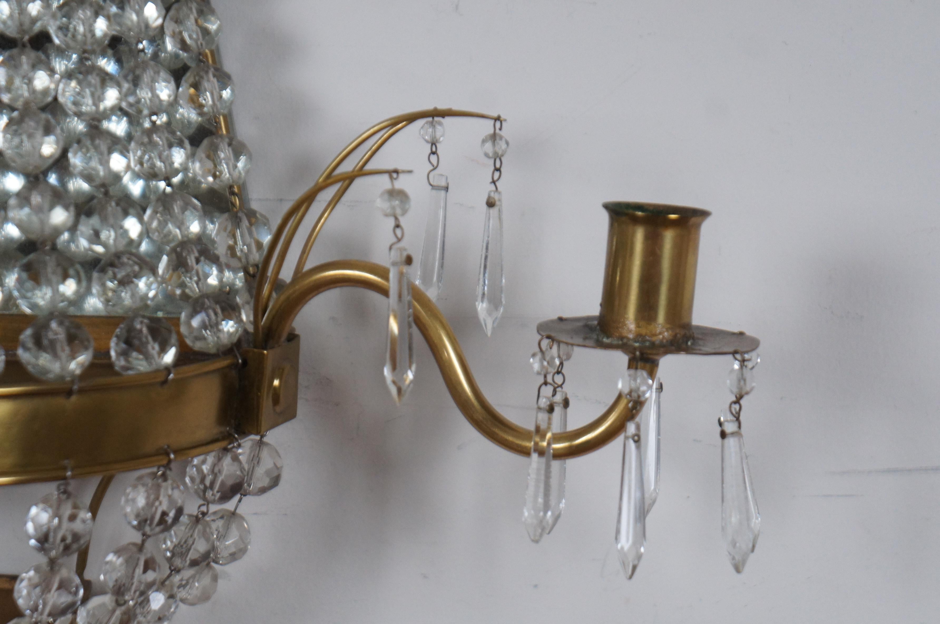 20th Century 2 French Empire Mirrored Brass Crystal Garland Candle Wall Sconces MCM