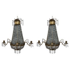 2 French Empire Mirrored Brass Crystal Garland Candle Wall Sconces MCM