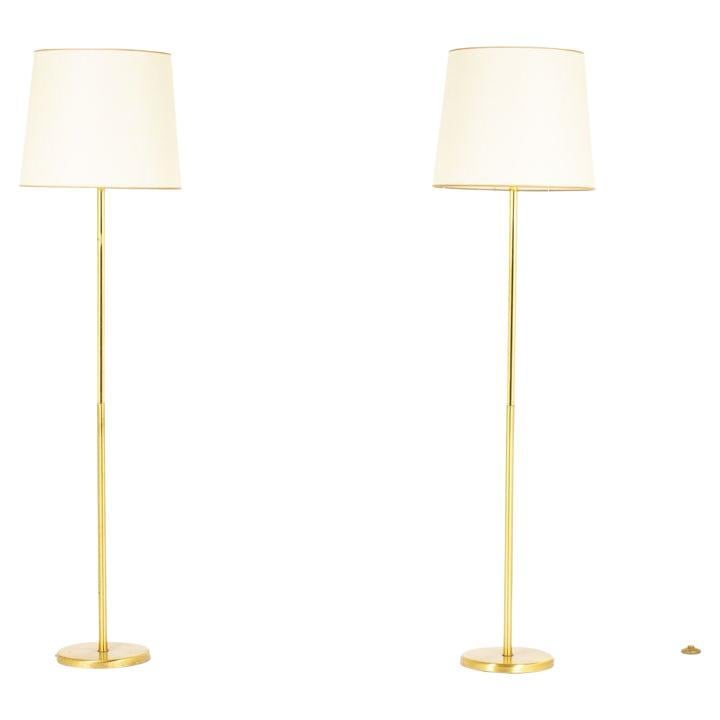 2 French Floor Lamps Brass with Beige Paper Lampshade, 1950