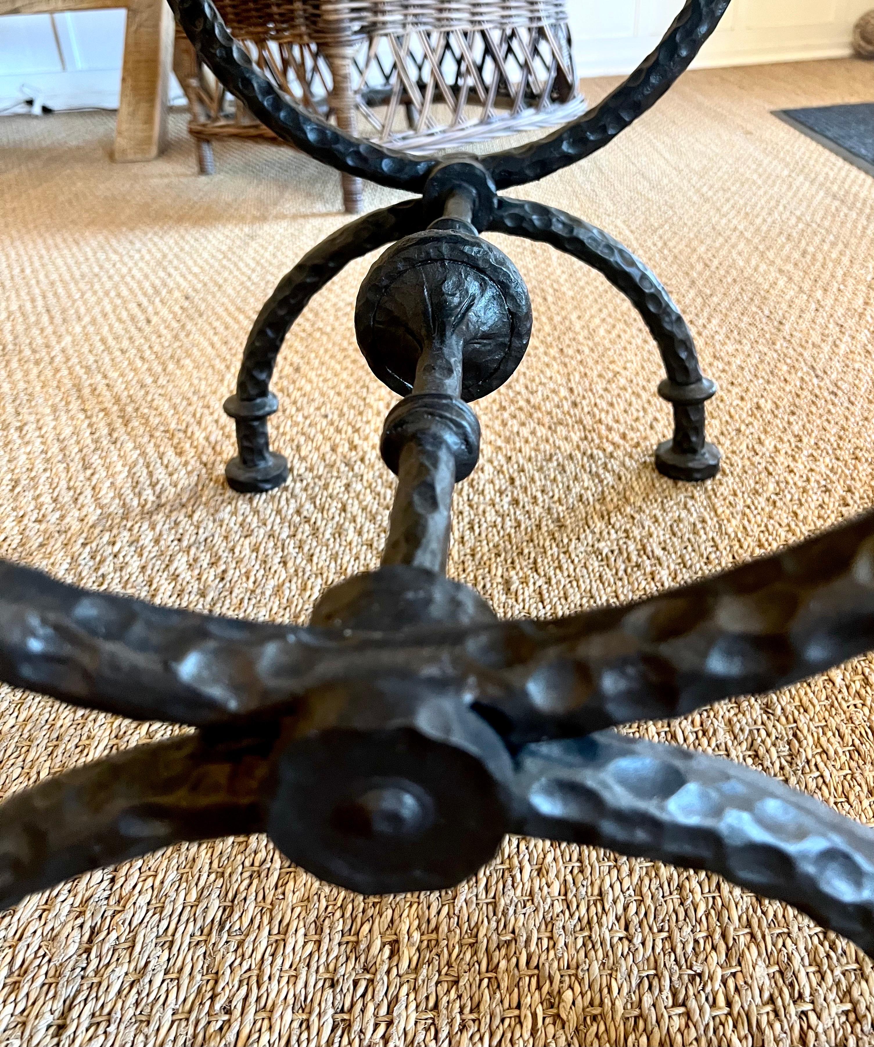 2 French Hammered Wrought Iron Benches / Side Tables in the Style of Giacometti For Sale 3