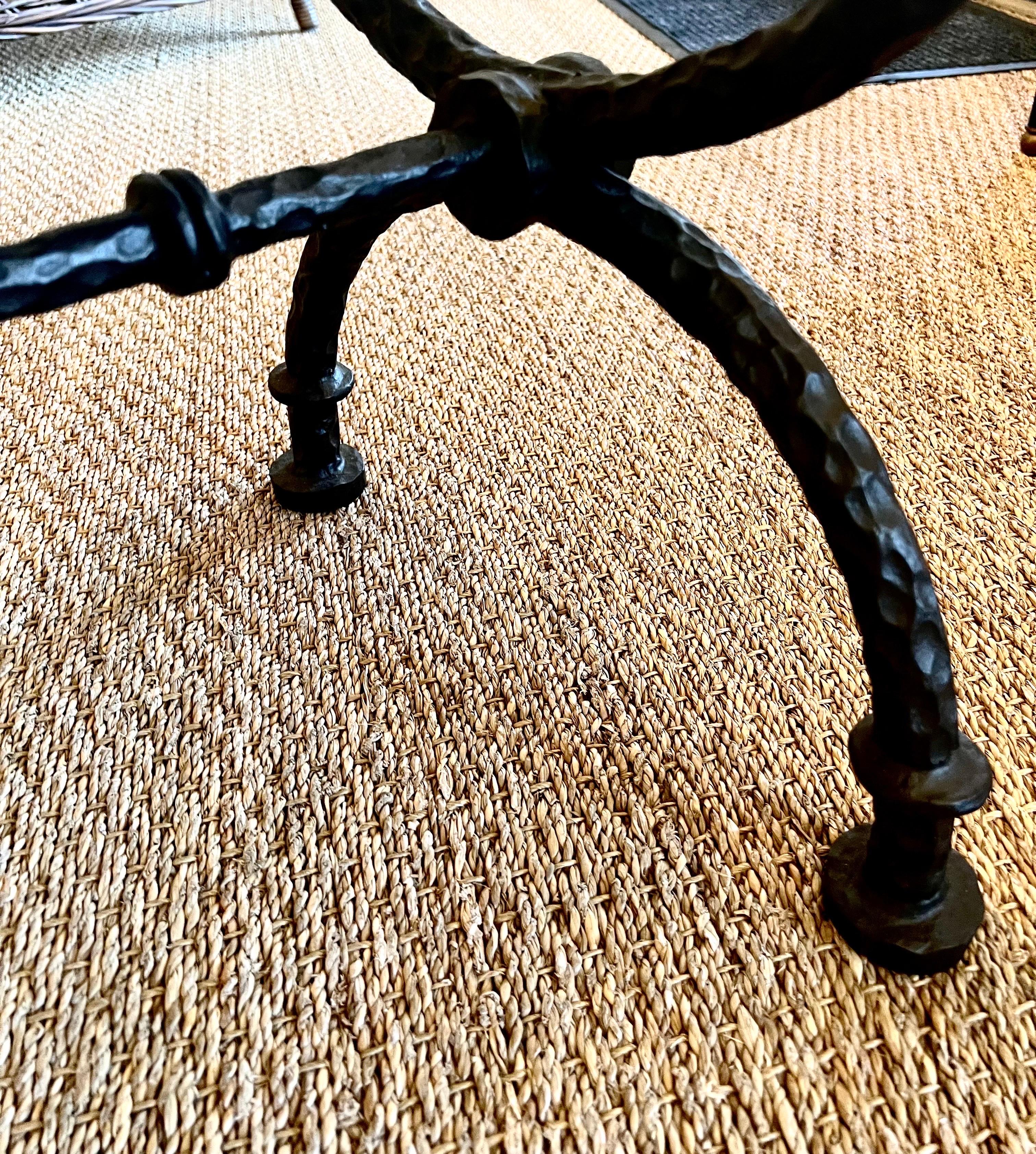 2 French Hammered Wrought Iron Benches / Side Tables in the Style of Giacometti For Sale 4