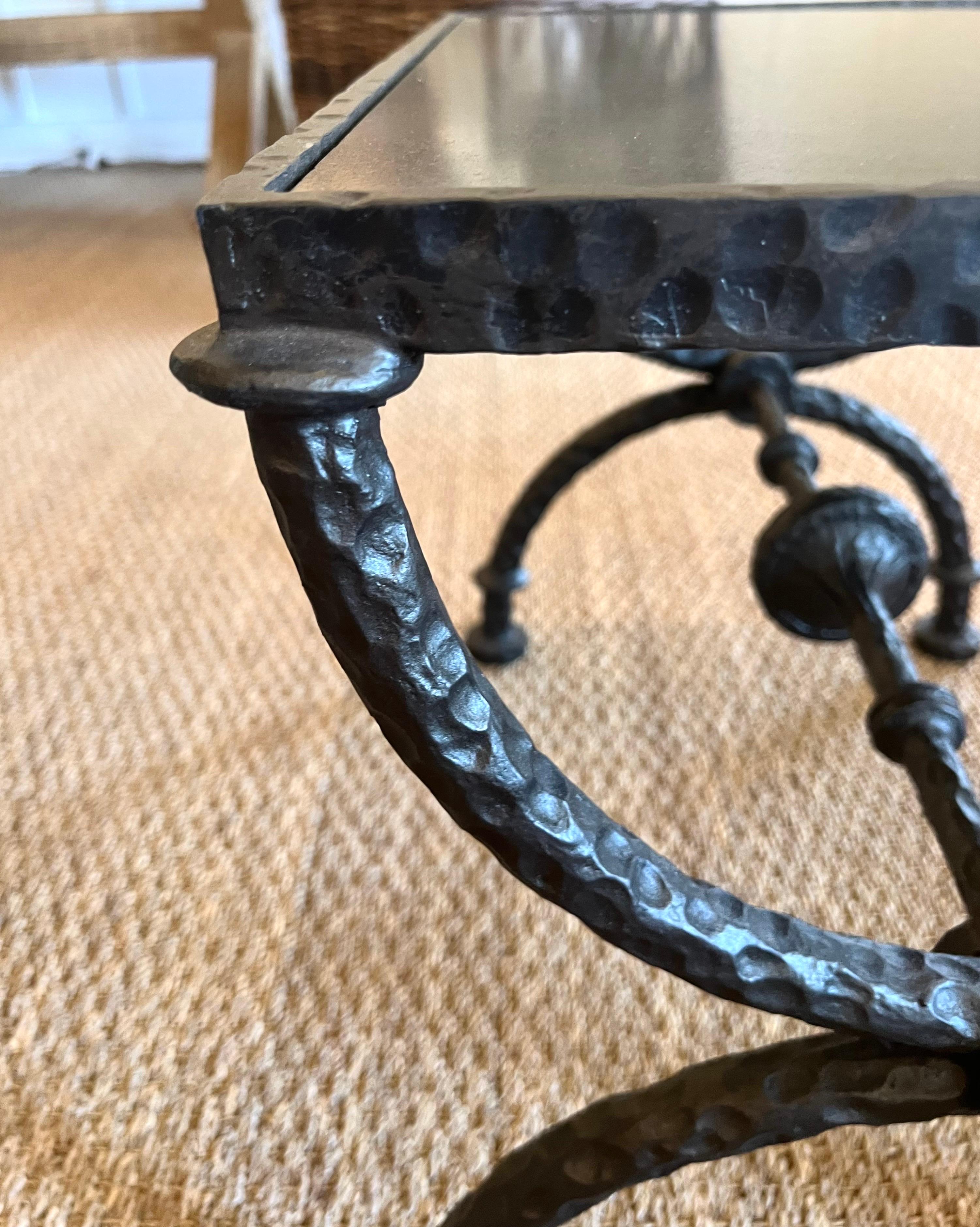 2 French Hammered Wrought Iron Benches / Side Tables in the Style of Giacometti For Sale 5