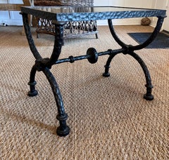 2 French Hammered Wrought Iron Benches / Side Tables in the Style of Giacometti