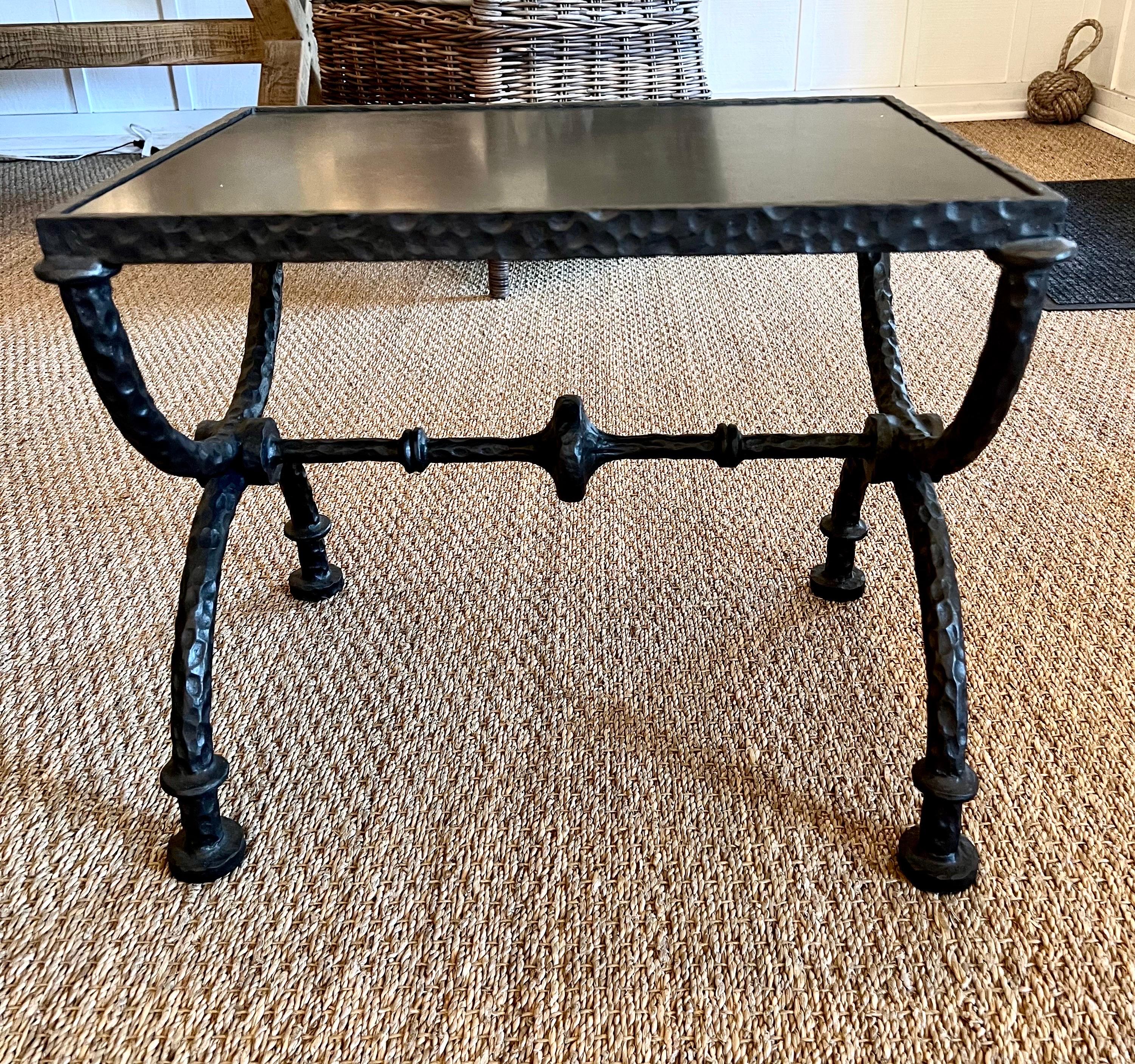 Mid-Century Modern 2 French Hammered Wrought Iron Benches / Side Tables in the Style of Giacometti For Sale