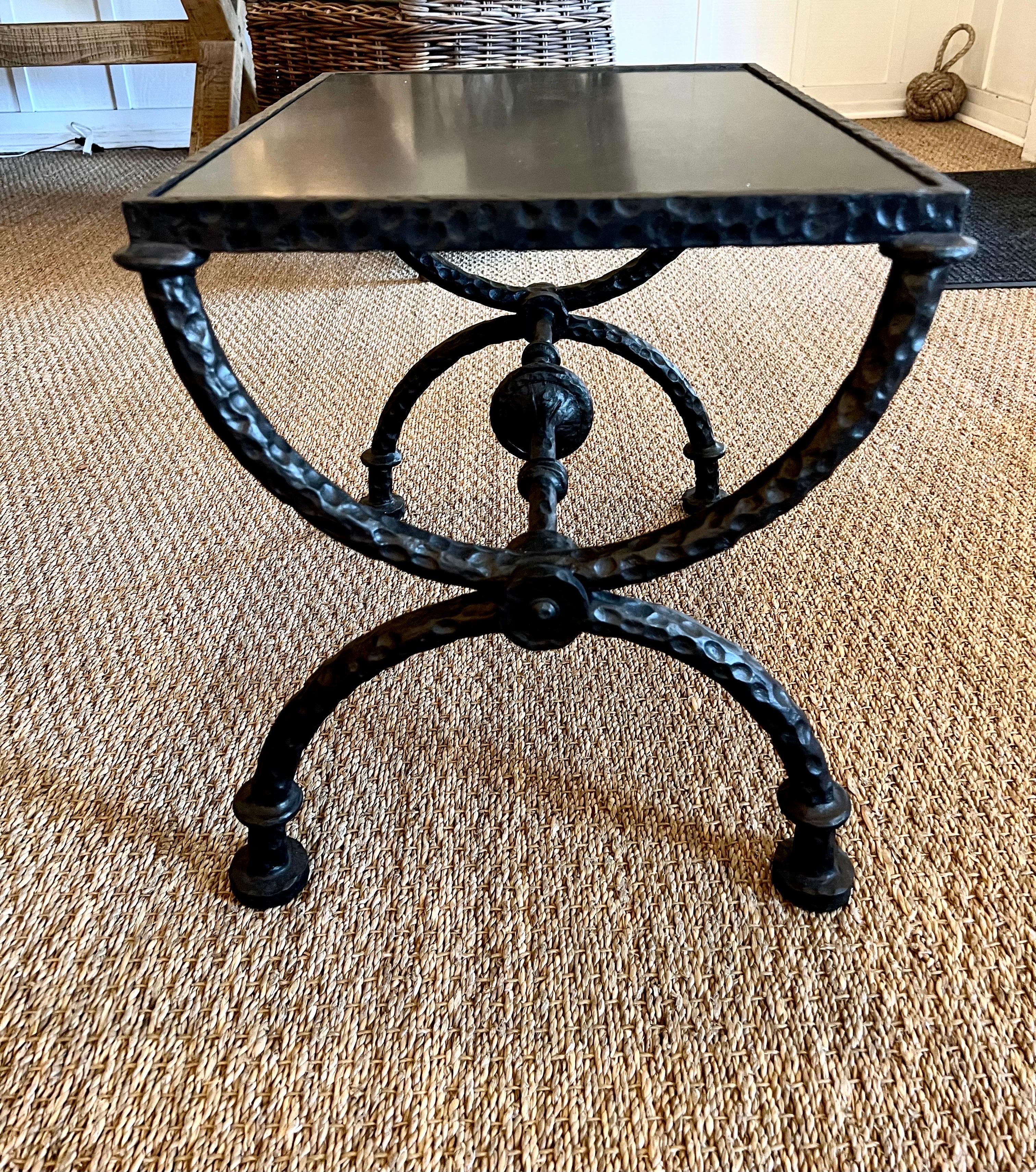 Hand-Crafted 2 French Hammered Wrought Iron Benches / Side Tables in the Style of Giacometti For Sale