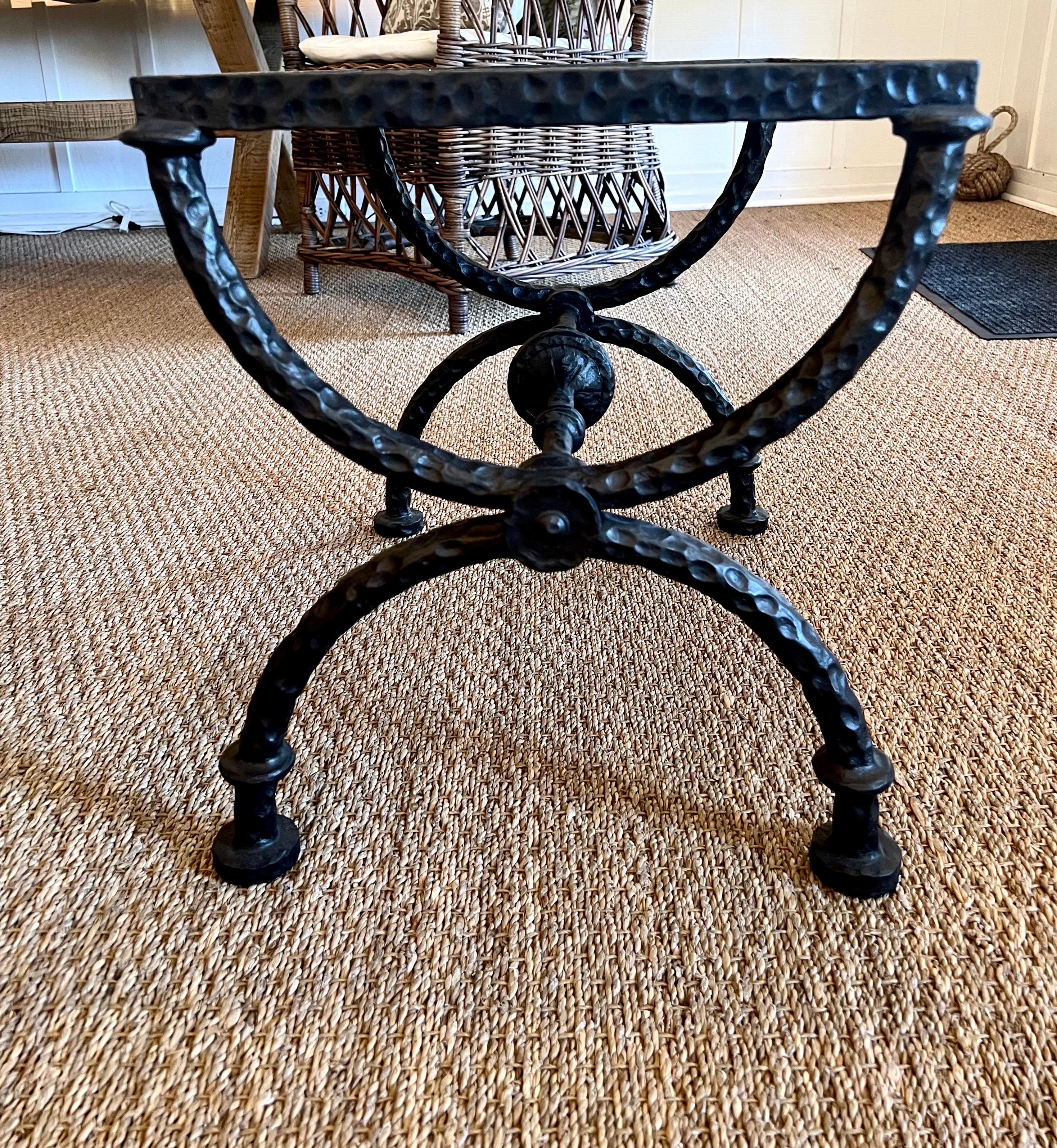 2 French Hammered Wrought Iron Benches / Side Tables in the Style of Giacometti In Excellent Condition For Sale In New York, NY