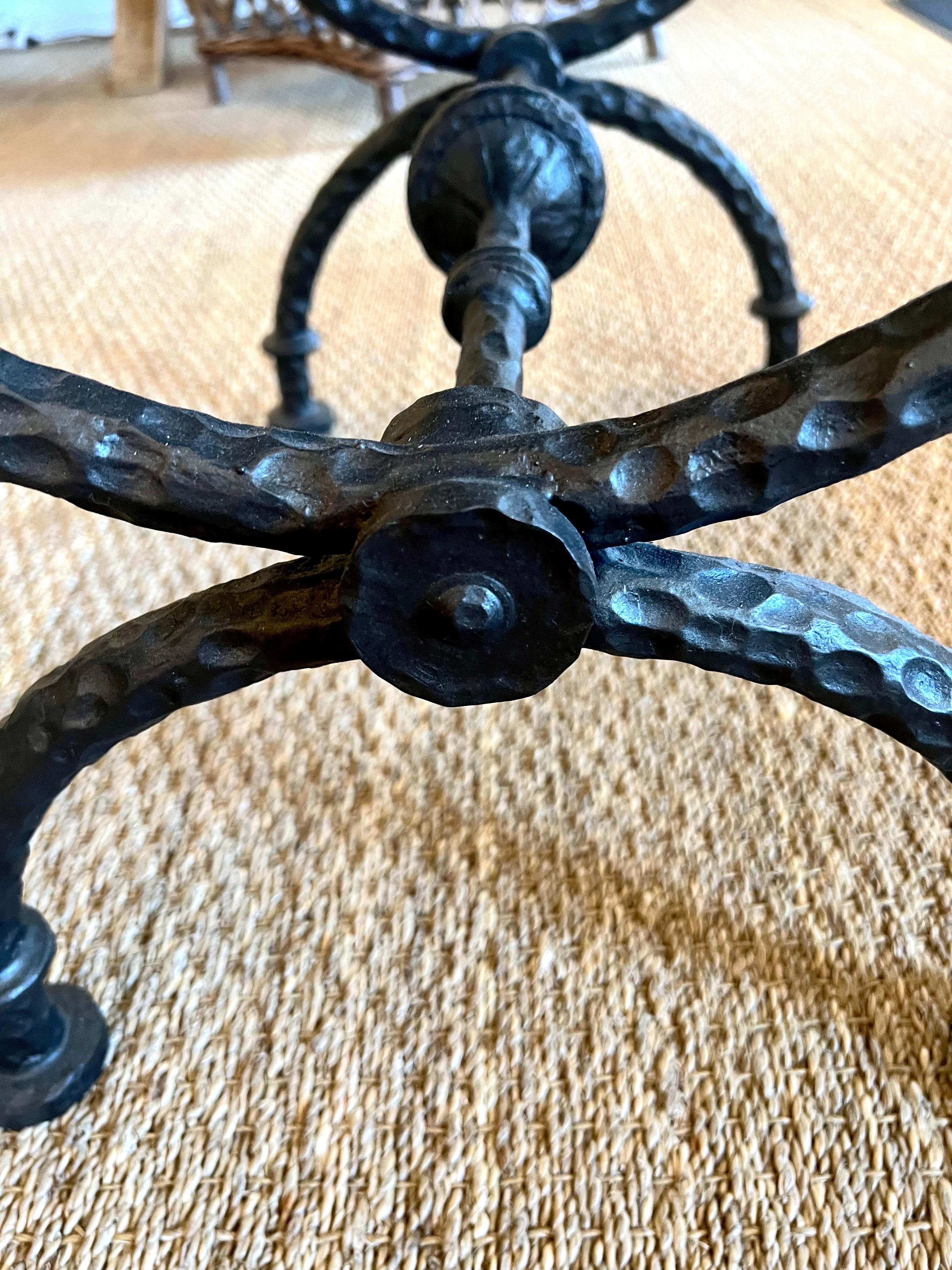2 French Hammered Wrought Iron Benches / Side Tables in the Style of Giacometti For Sale 1