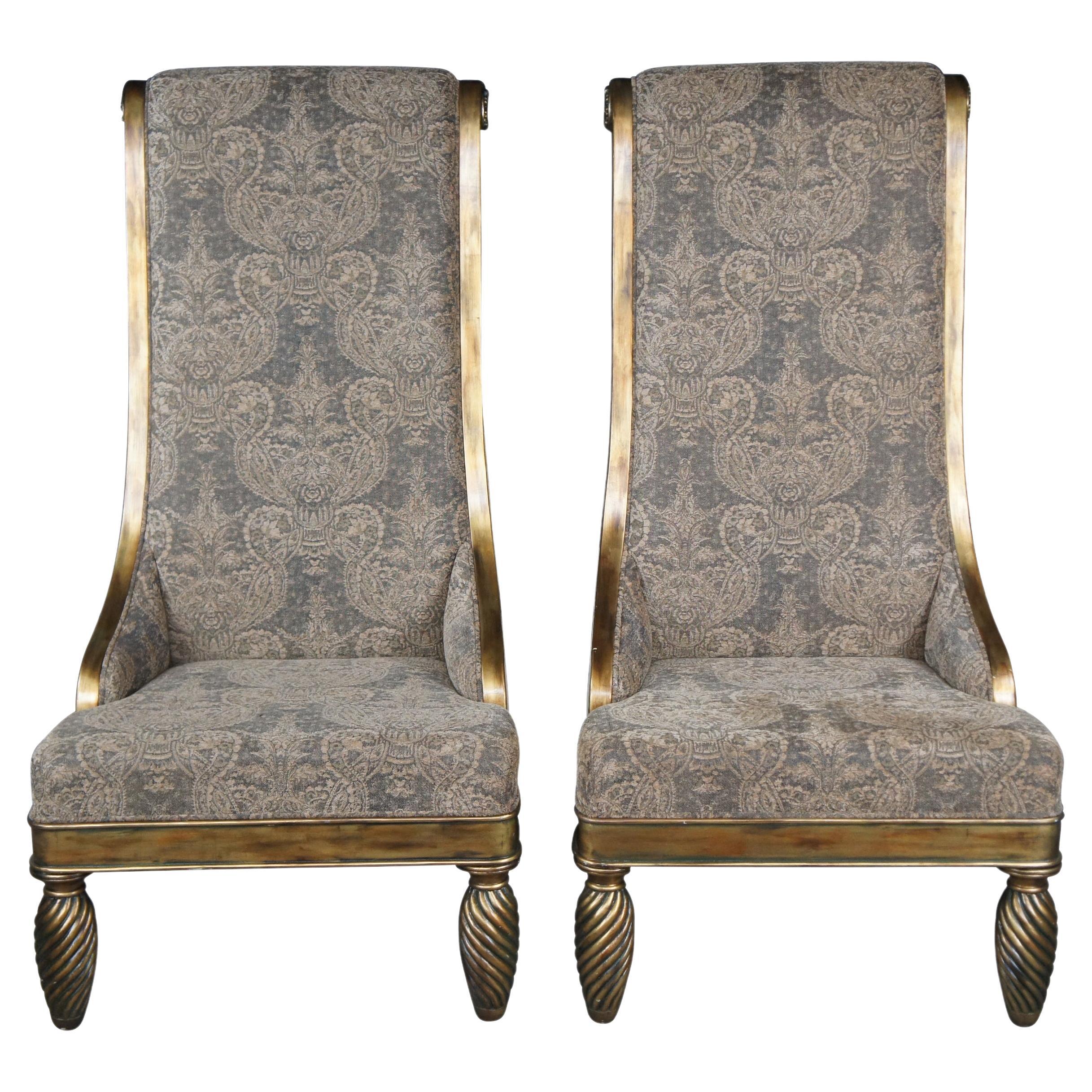2 French Hollywood Regency High Back Oversized Throne Club Lounge Chairs 60"
