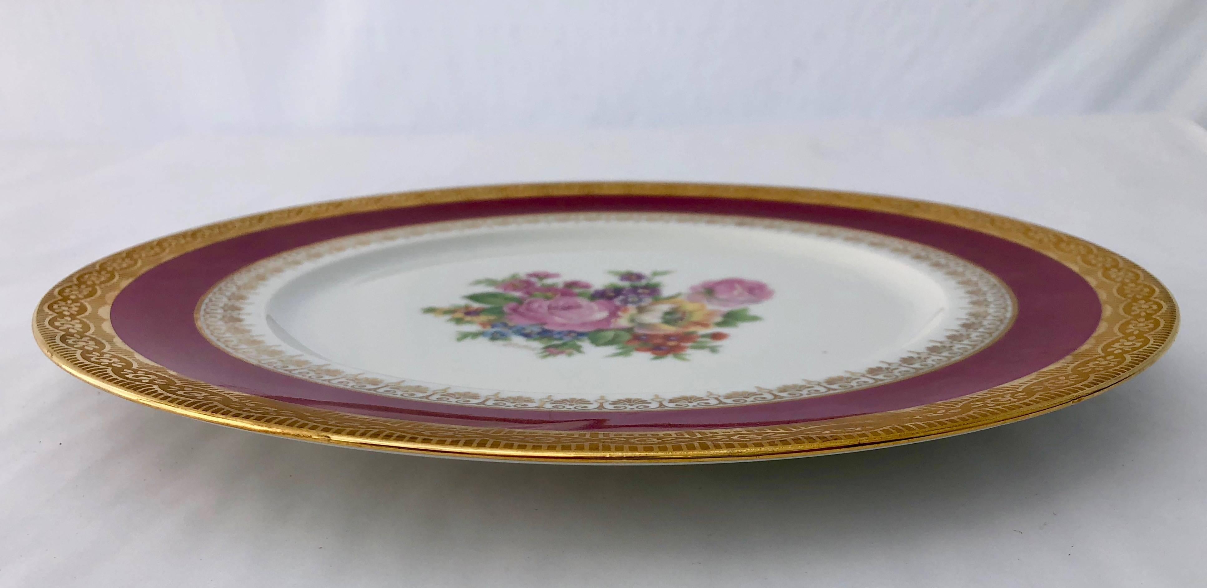 2 French Limoges Serving Plates, Hand-Painted Red, Gold with Decorative Flowers For Sale 5