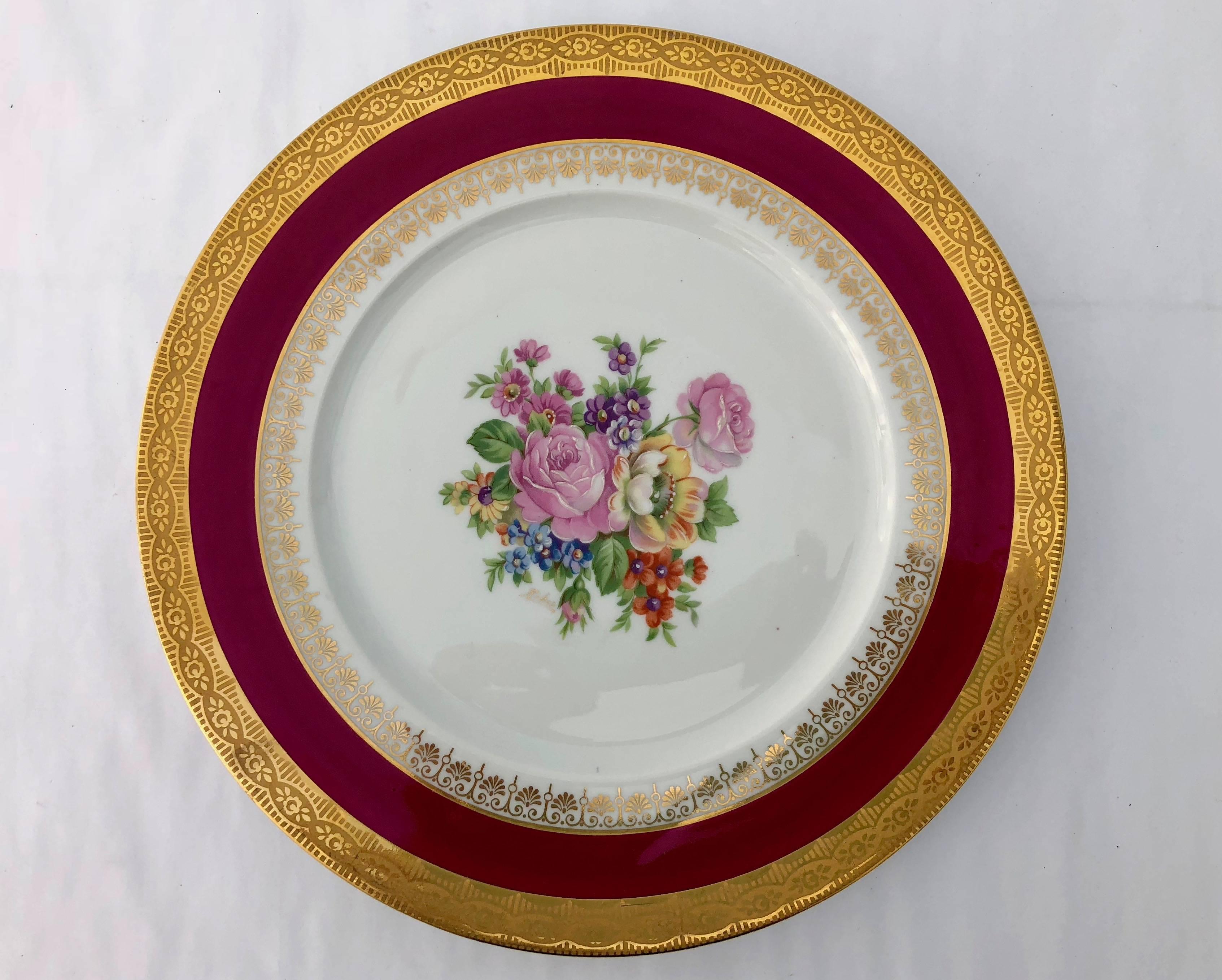 These are two stunning French Limoges ceramic plates with beautiful hand-painted flowers and red and gold trim.
One was made by Unique Limoges, the other by Ribes Limoges

Sizes:
Largest: 11 x 0.9
Smallest: 9.75 x 0.7.