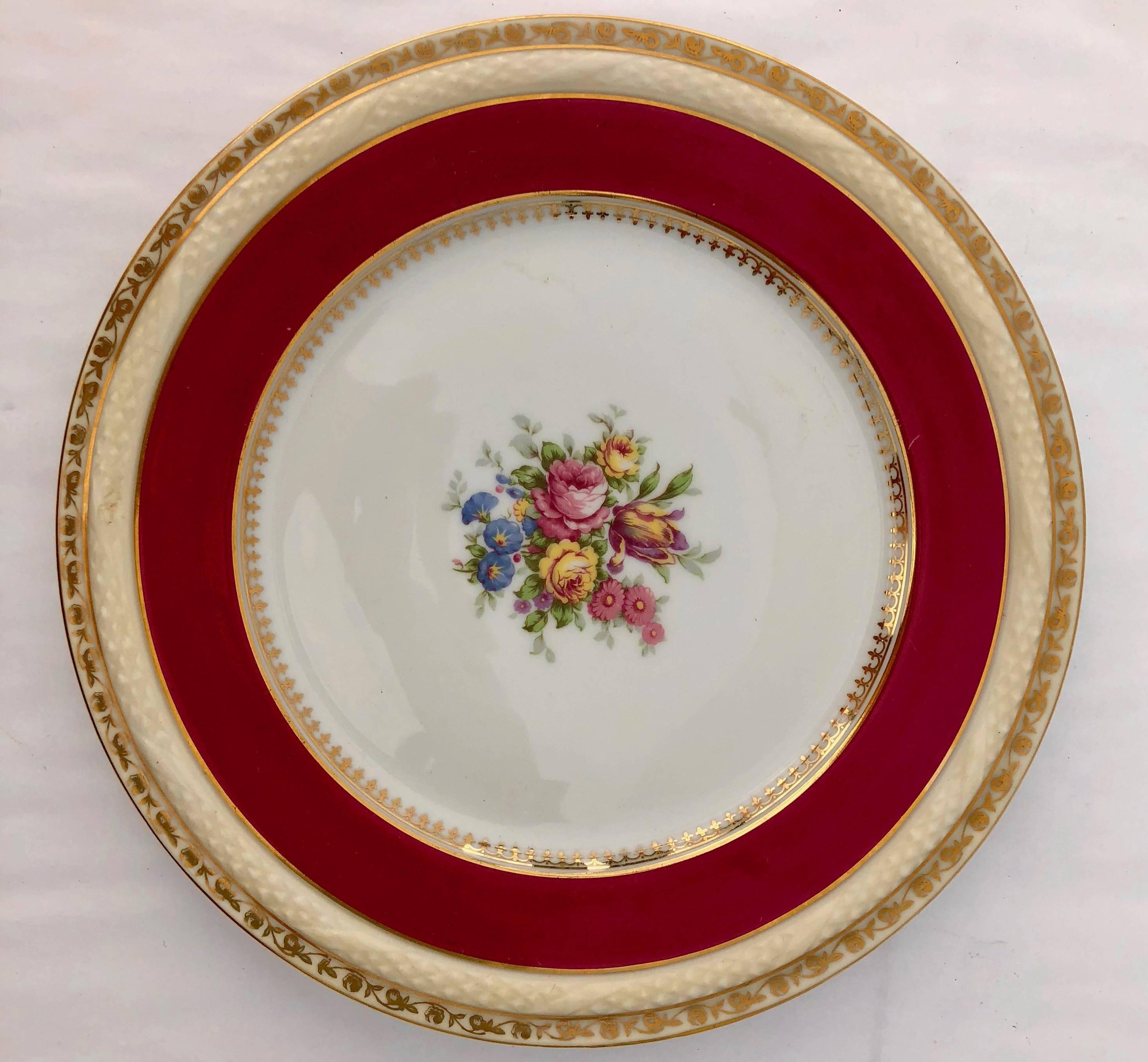 2 French Limoges Serving Plates, Hand-Painted Red, Gold with Decorative Flowers In Good Condition For Sale In Petaluma, CA
