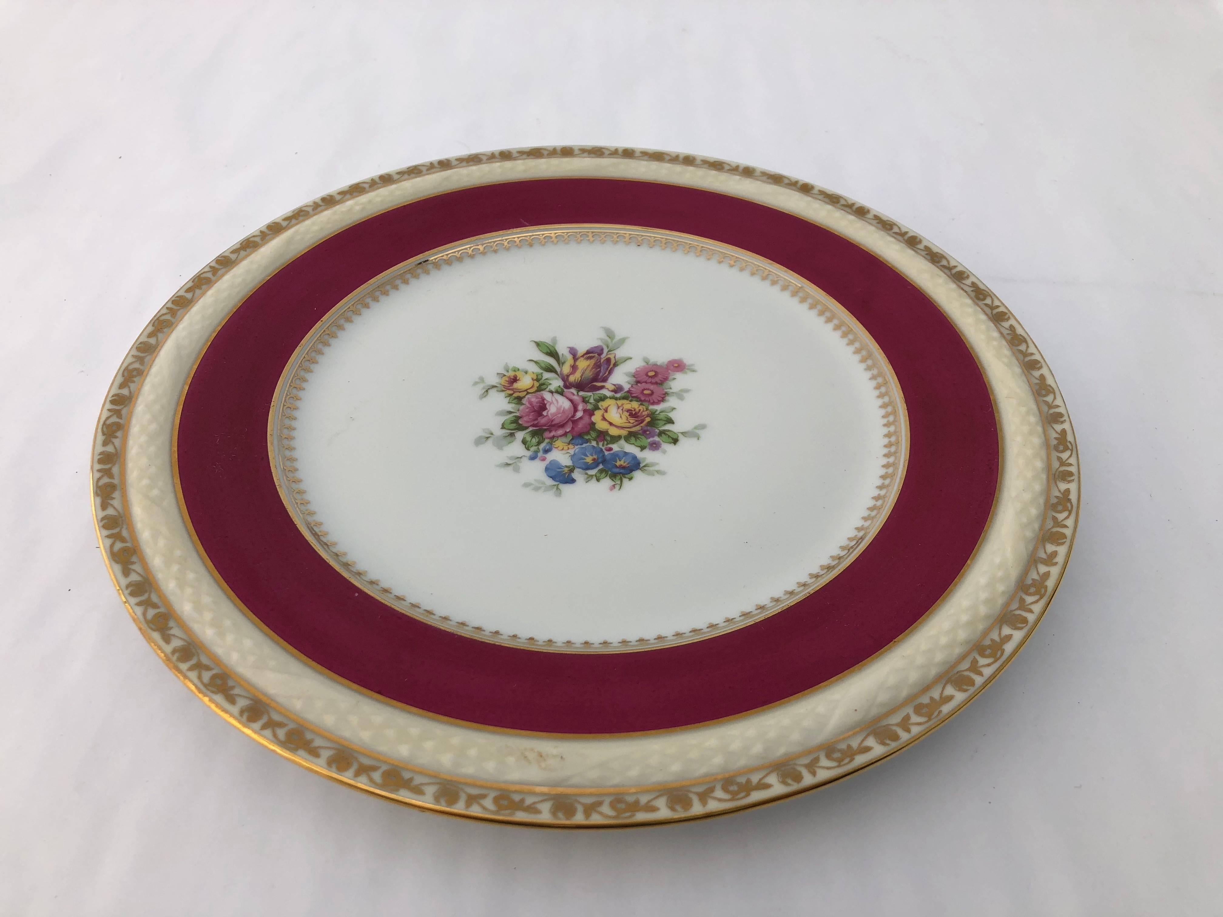 20th Century 2 French Limoges Serving Plates, Hand-Painted Red, Gold with Decorative Flowers For Sale