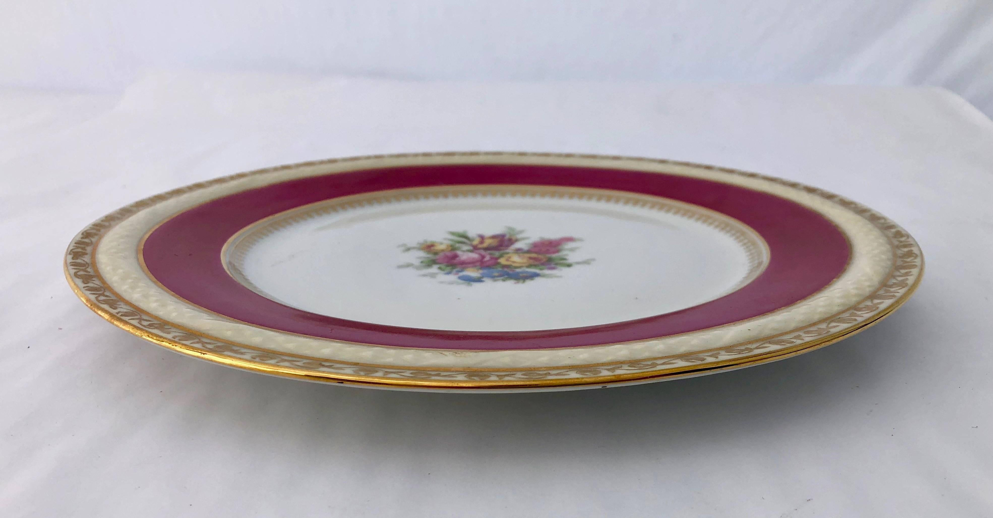 2 French Limoges Serving Plates, Hand-Painted Red, Gold with Decorative Flowers For Sale 1