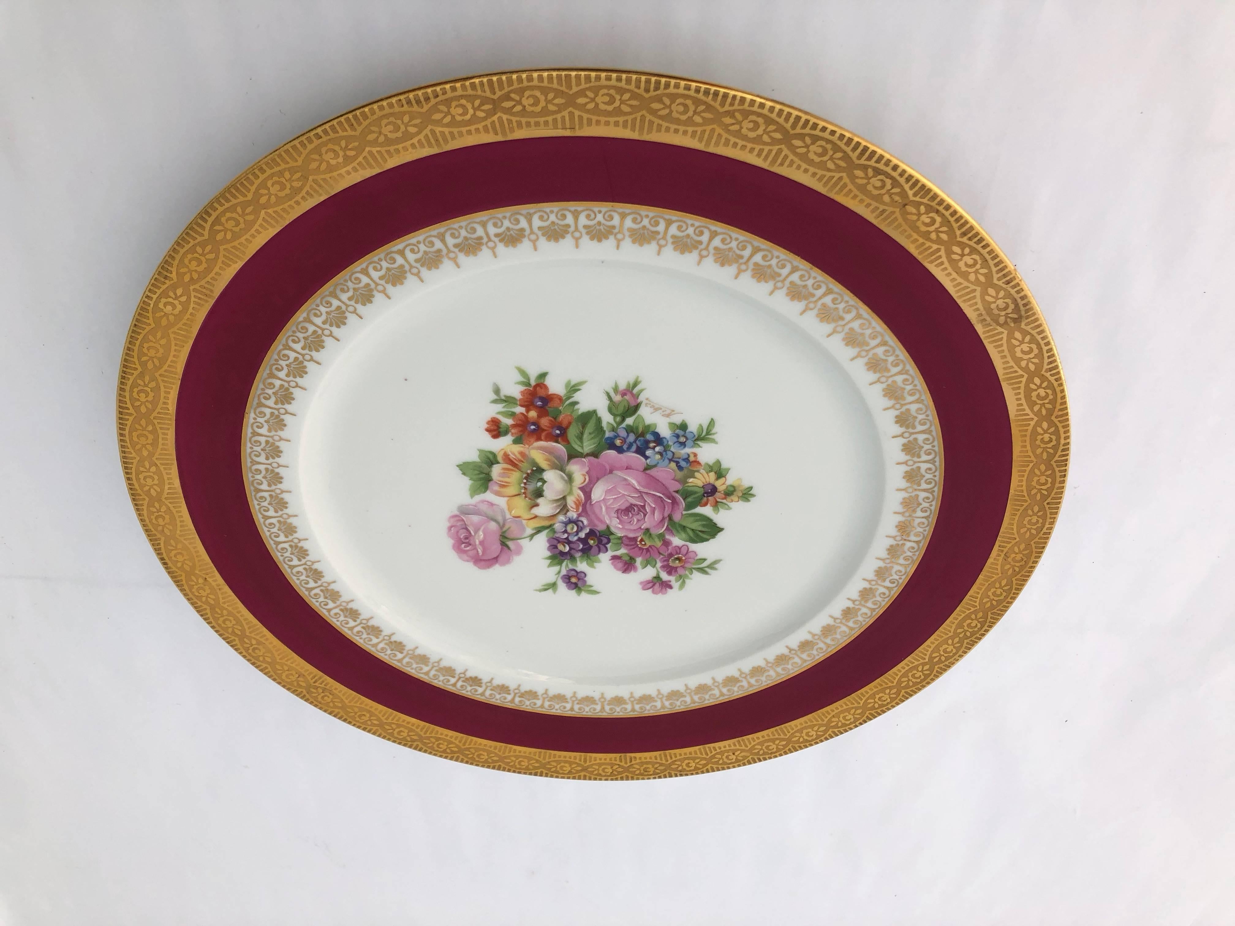 2 French Limoges Serving Plates, Hand-Painted Red, Gold with Decorative Flowers For Sale 3